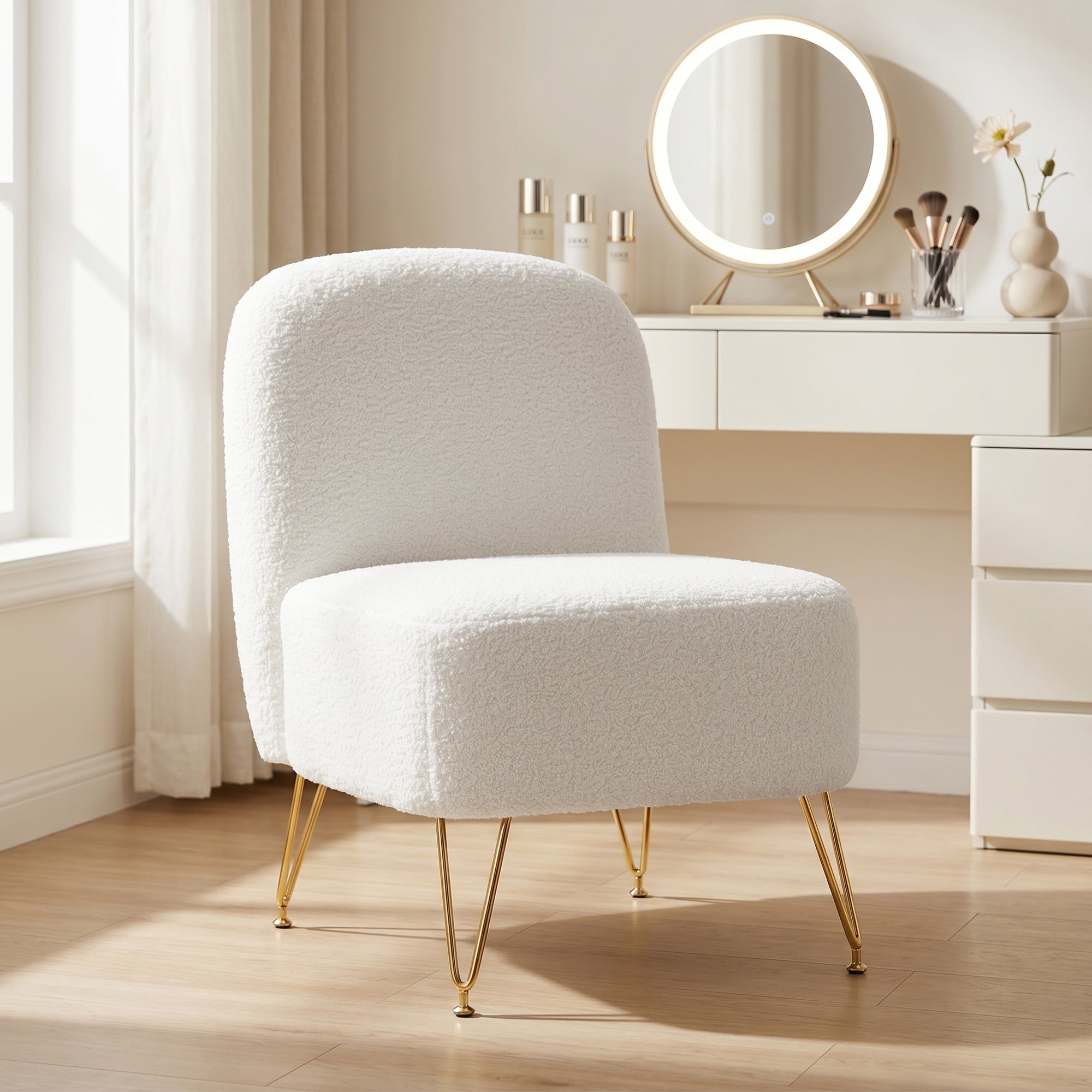 Fauteuil Salon Sans Accoudoirs, Fauteuil d'Appoint Rembourré en Tissu Bouclette, Coussin Épais, Assise Large, Pieds en Métal Doré, Style Moderne, Chaise de Salon, Chambre, Coins Lecture, Blanc