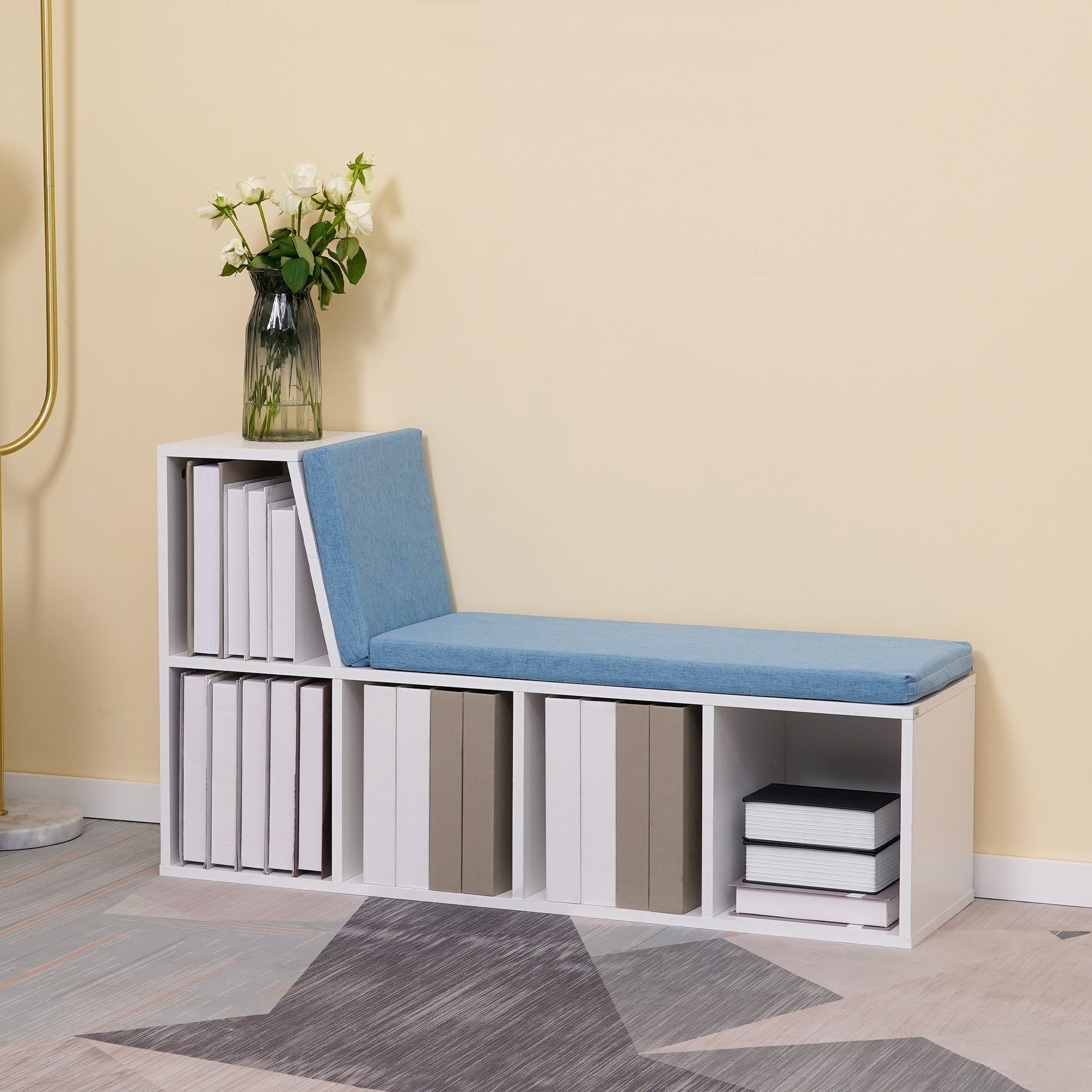 Bibliothèque banc 2 en 1 avec 5 compartiments de rangement et 2 coussins étagère de rangement livres 108 x 30 x 60 cm blanc bleu