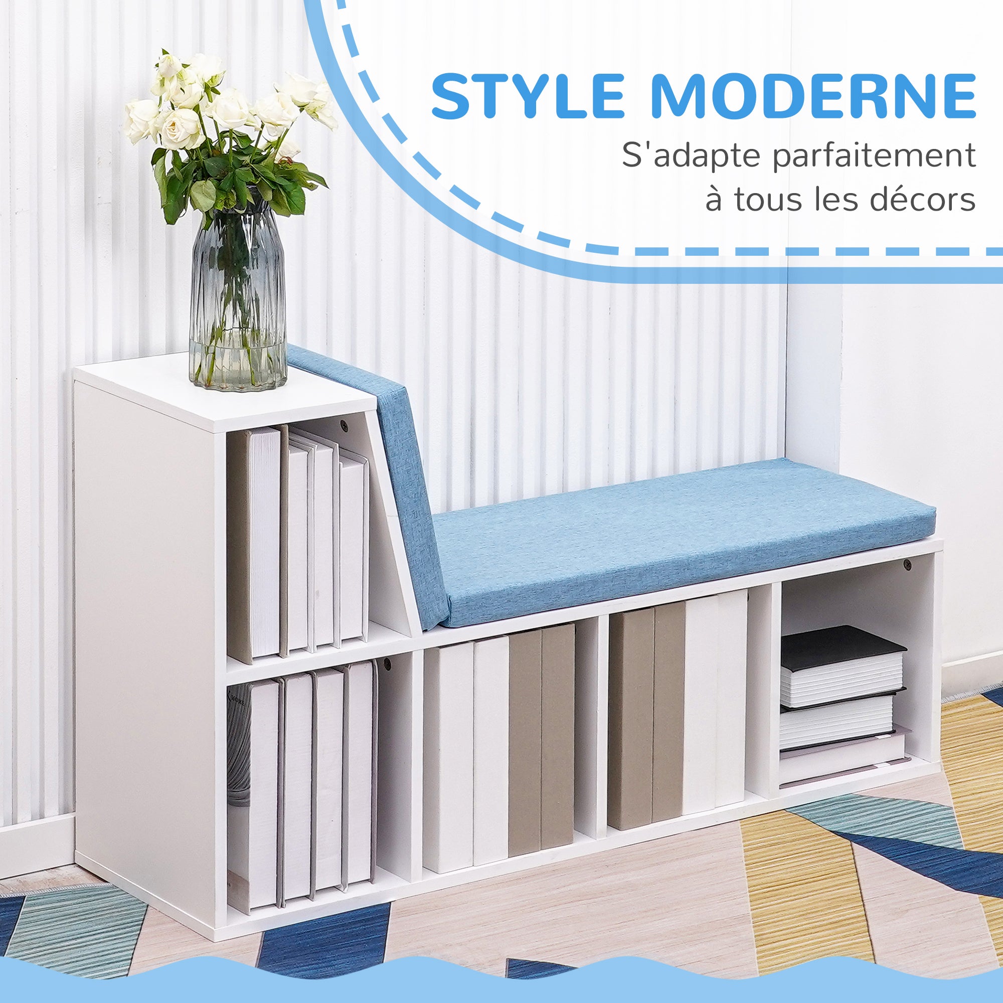 Bibliothèque banc 2 en 1 avec 5 compartiments de rangement et 2 coussins étagère de rangement livres 108 x 30 x 60 cm blanc bleu