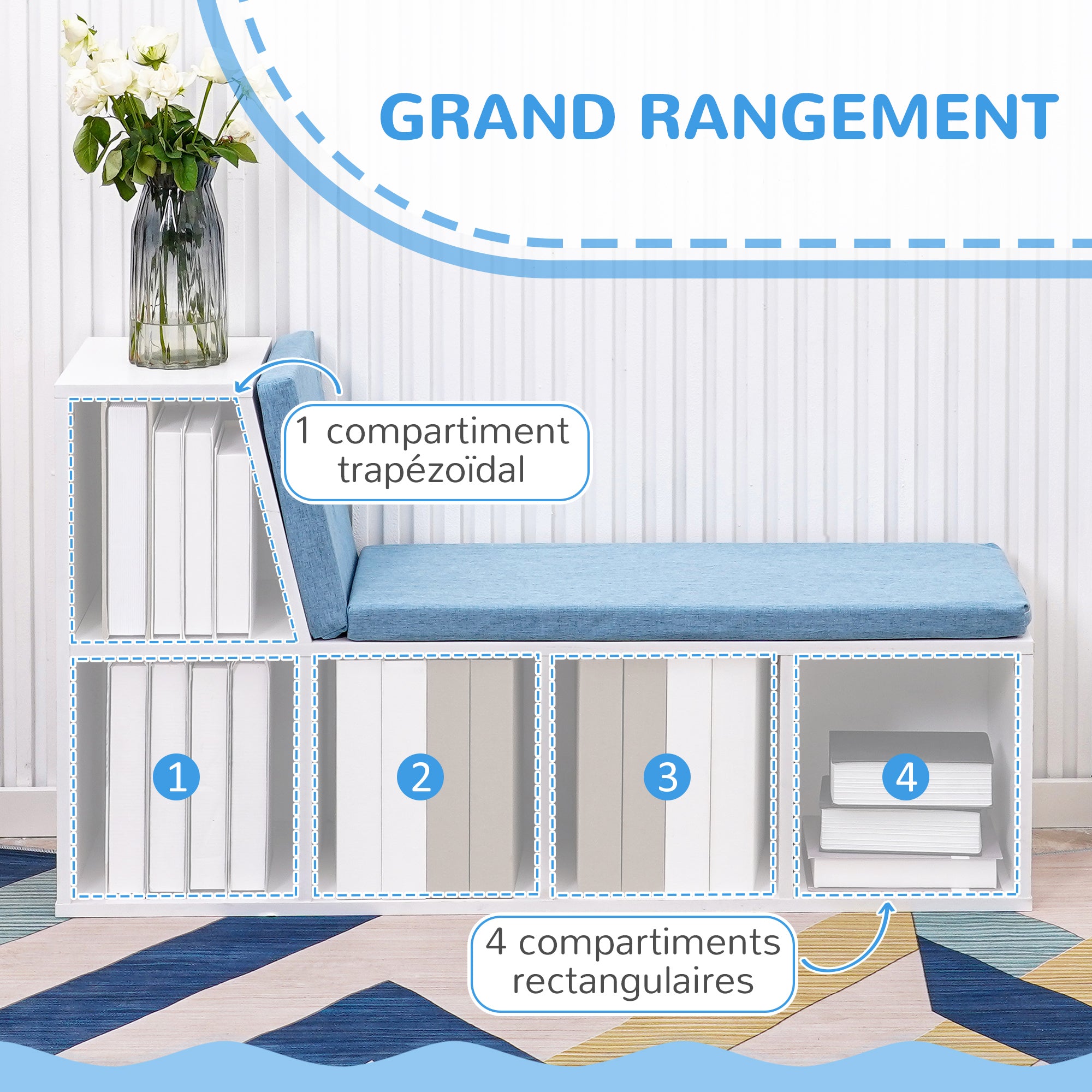 Bibliothèque banc 2 en 1 avec 5 compartiments de rangement et 2 coussins étagère de rangement livres 108 x 30 x 60 cm blanc bleu