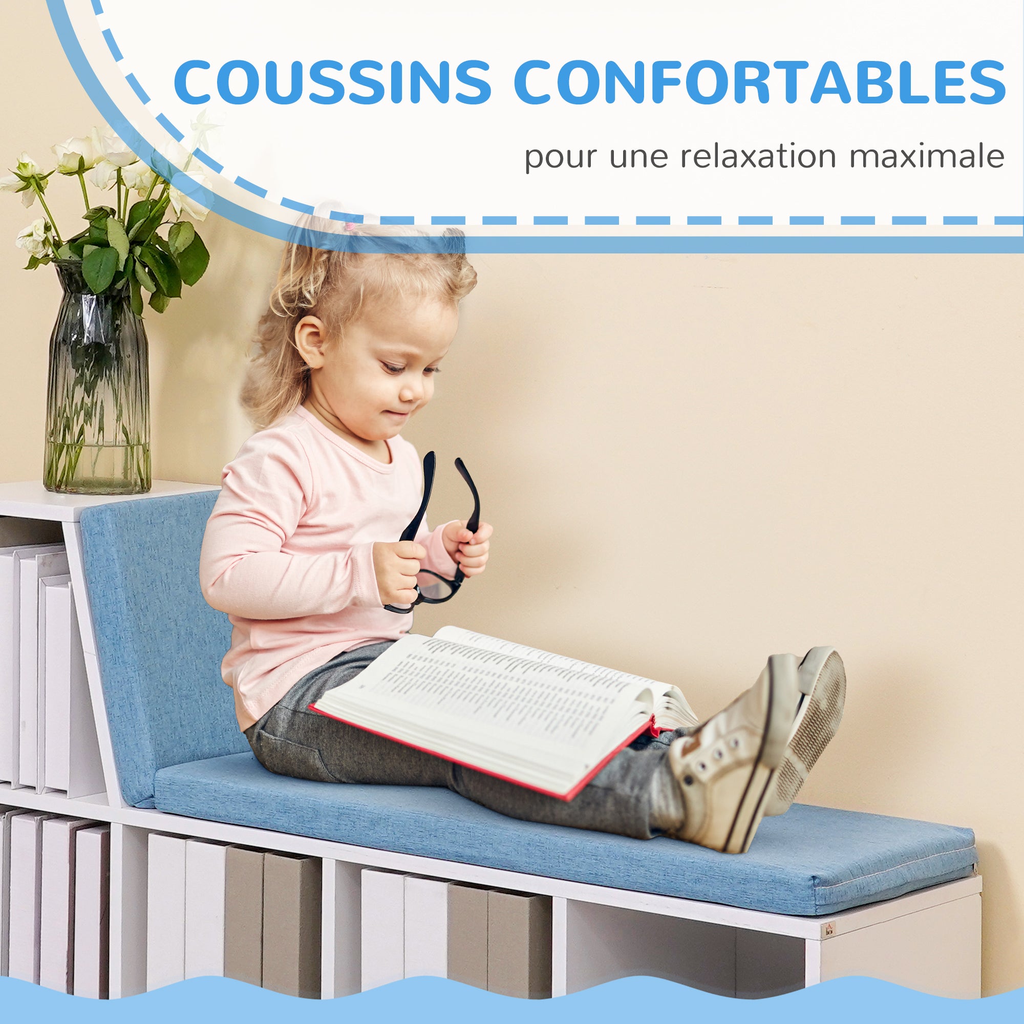 Bibliothèque banc 2 en 1 avec 5 compartiments de rangement et 2 coussins étagère de rangement livres 108 x 30 x 60 cm blanc bleu