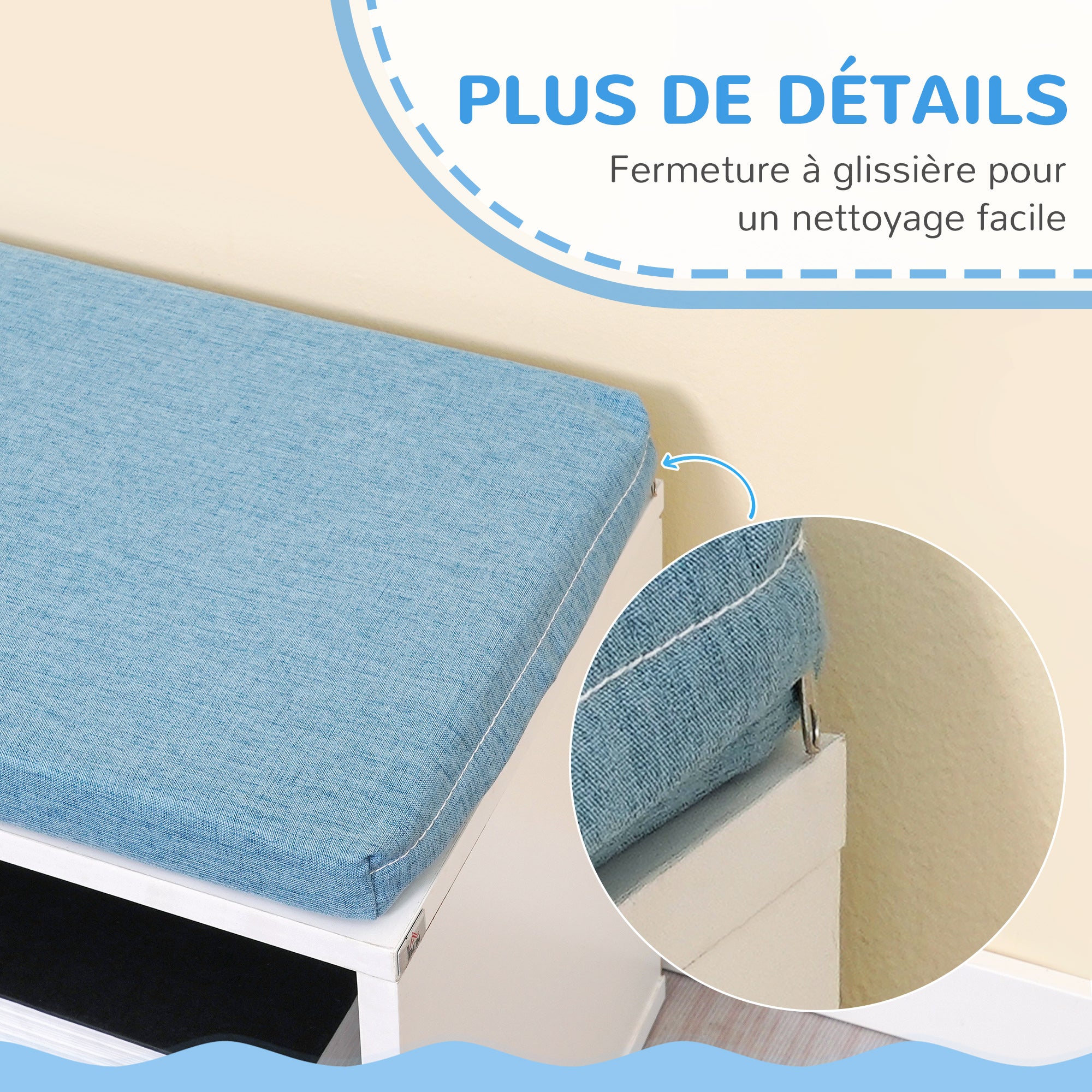 Bibliothèque banc 2 en 1 avec 5 compartiments de rangement et 2 coussins étagère de rangement livres 108 x 30 x 60 cm blanc bleu