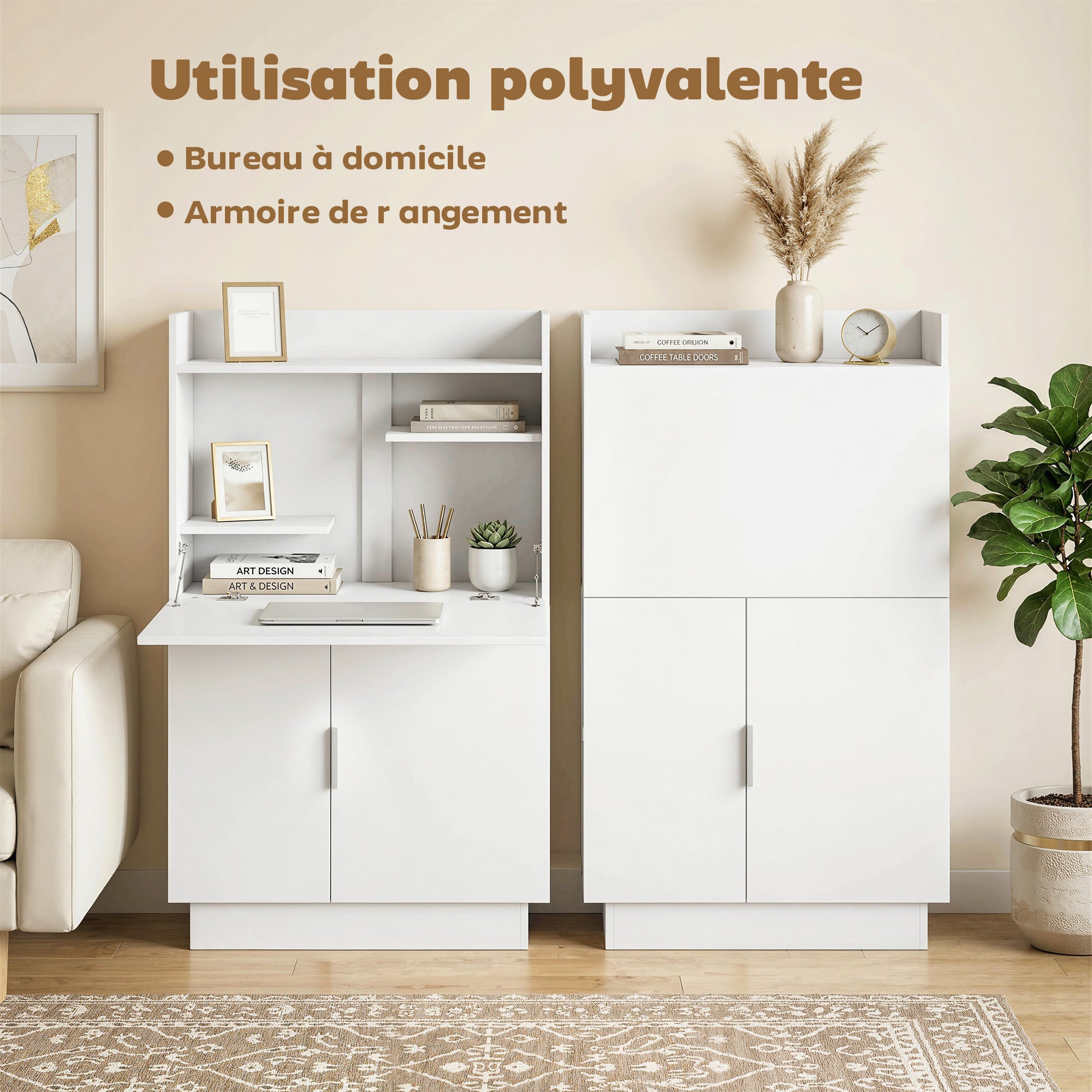 Bureau Pliant, Bureau Informatique avec Plateau Rabattable, Étagères de Rangement et Placard, Style Moderne, 80 x 30 x 128 cm, Blanc