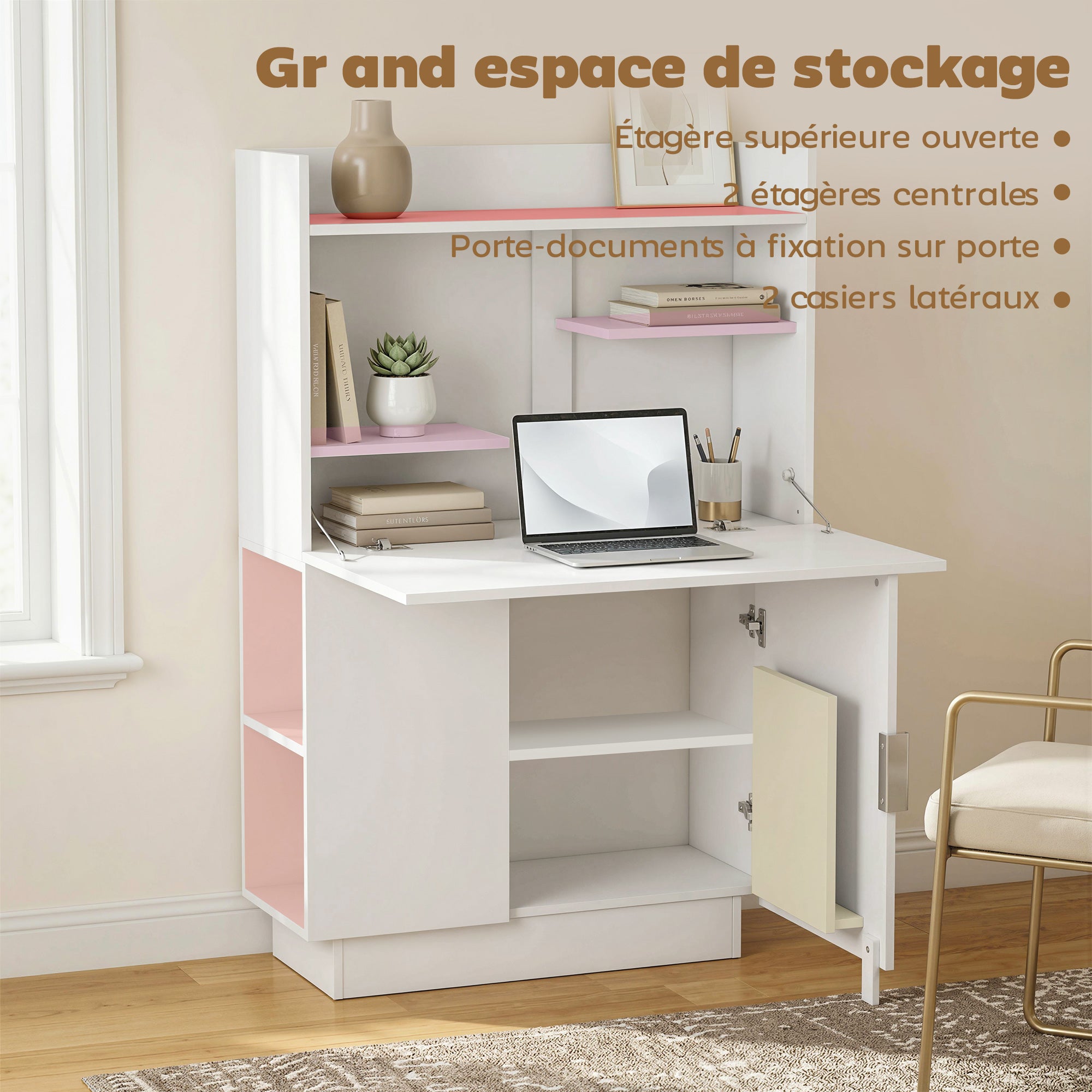 Bureau Pliant, Bureau Informatique avec Plateau Rabattable, Étagères de Rangement et Placard, Style Moderne, 80 x 30 x 128 cm, Blanc