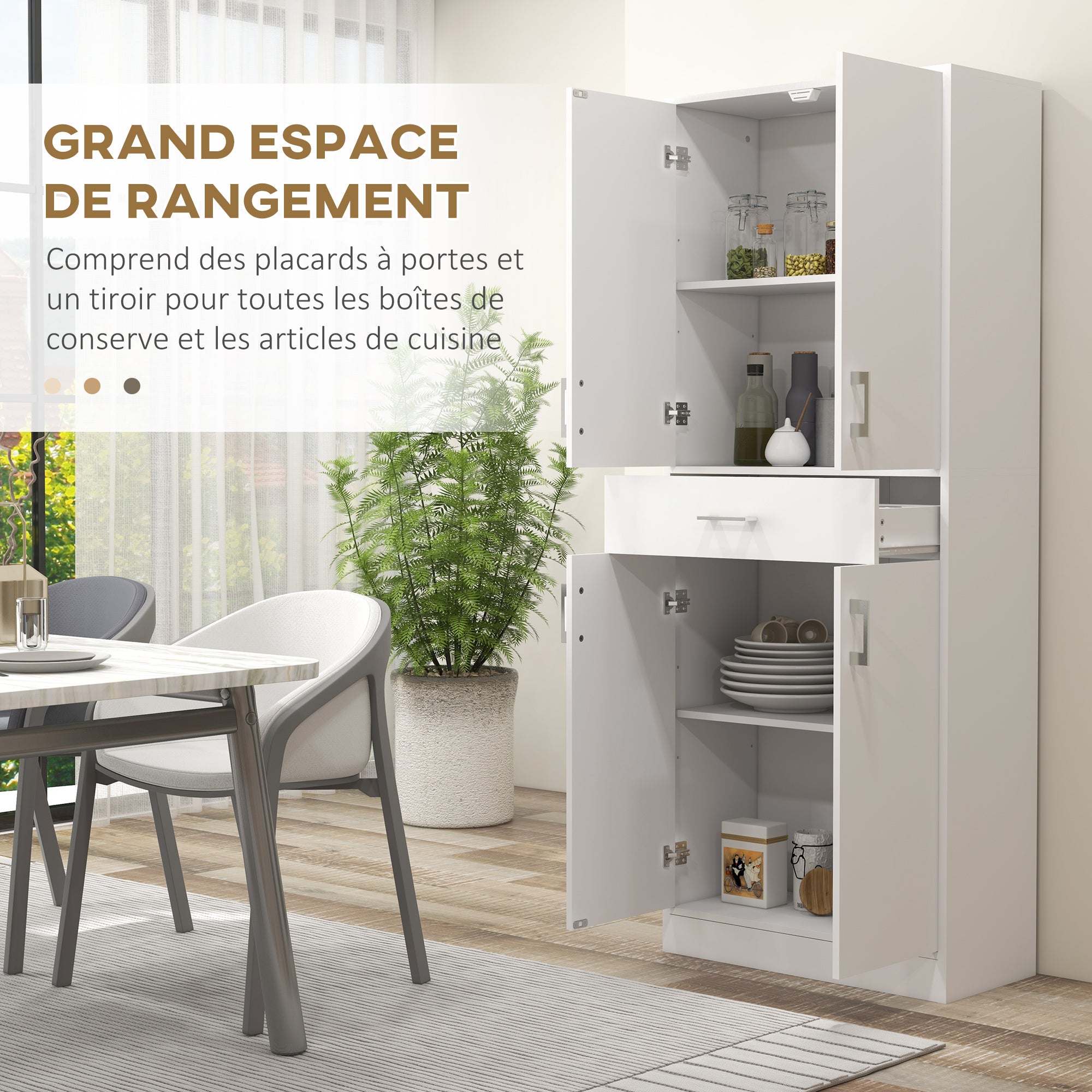 Buffet de cuisine armoire de cuisine buffet haut 2 étagères réglables 4 portes 2 placards et 1 tiroir central hauteur 180 cm blanc