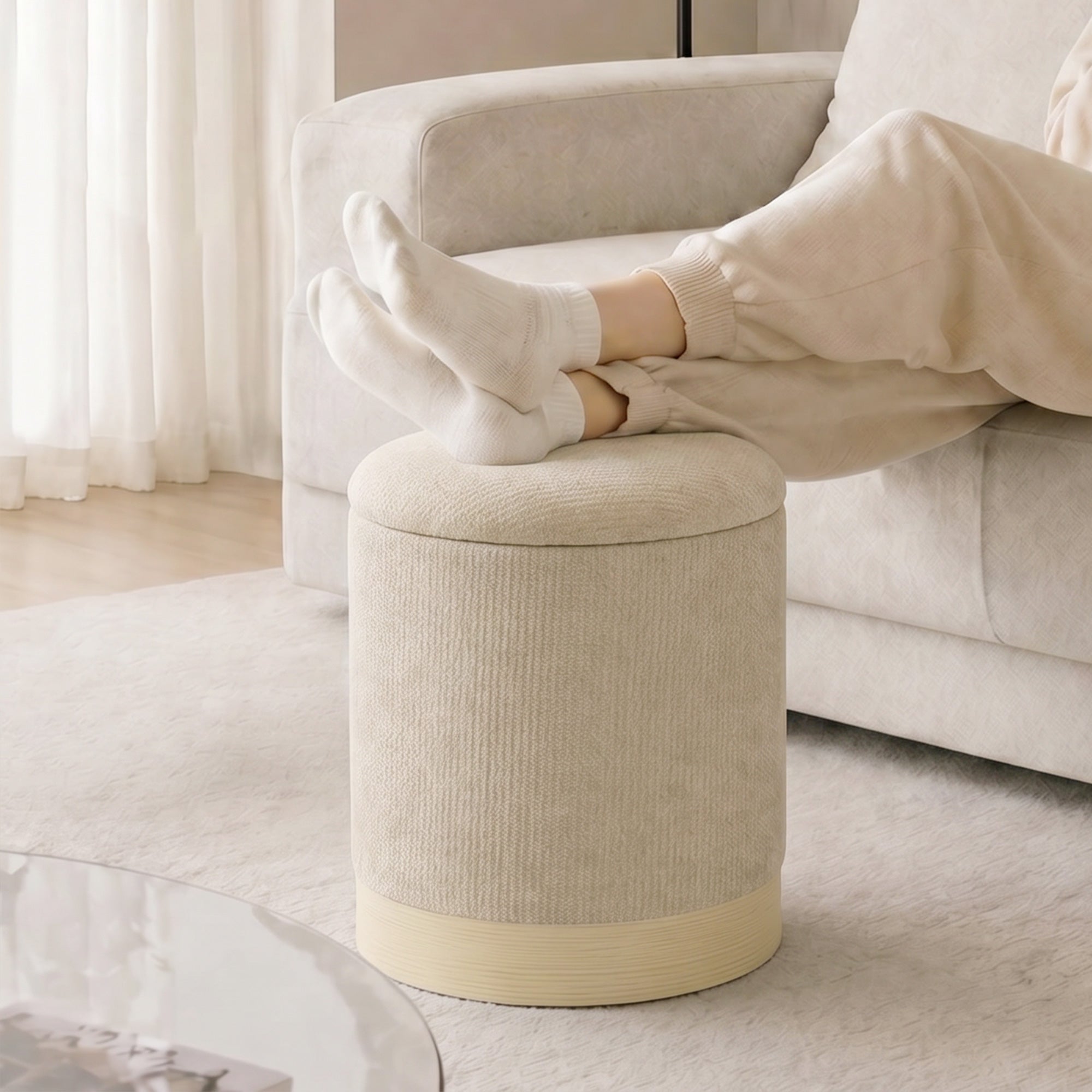 Pouf coffre rangement, tabouret rond en chenille, pouf repose-pieds avec base en métal effet bois, pour la chambre à coucher, entrée, salon, charge 120 Kg, Ø 38 x 45 cm, beige