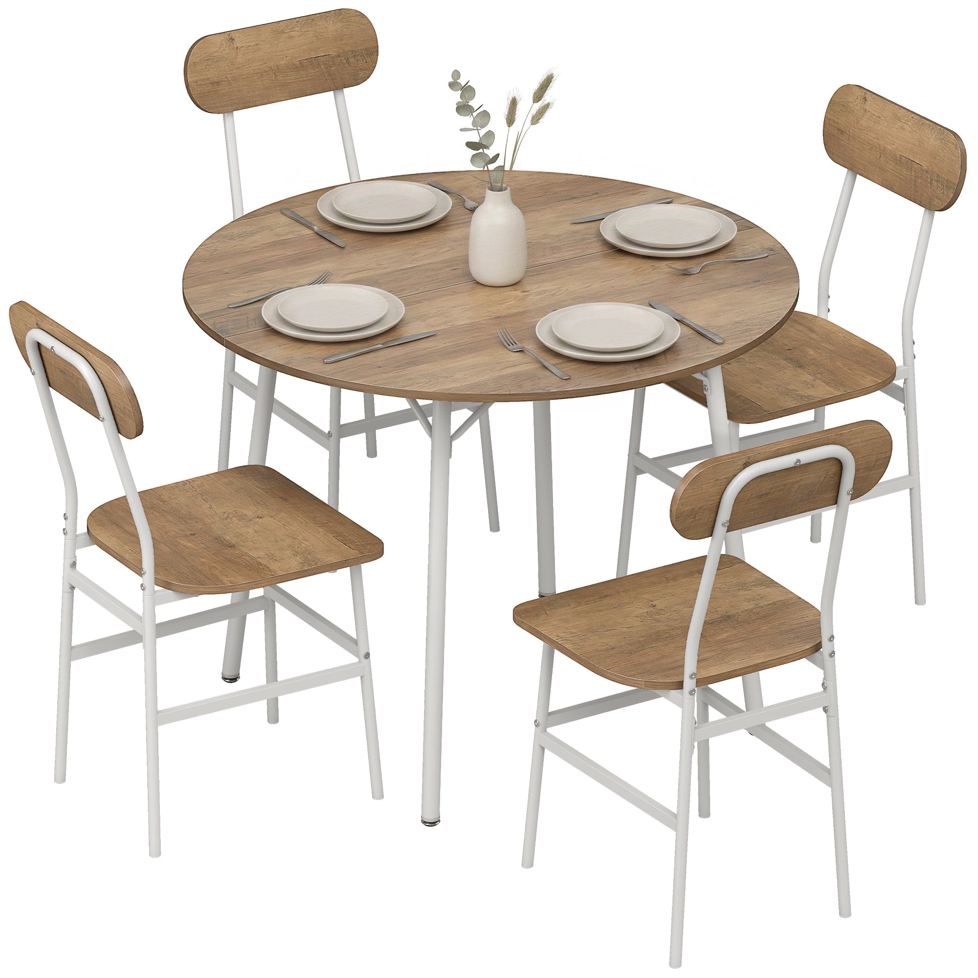 Ensemble table salle à manger avec 4 chaises, table de cuisine avec chaises pour 4 personnes, plateau rond Ø 100 cm, cadre en métal, style industriel, pour salon, petit espace, bois naturel
