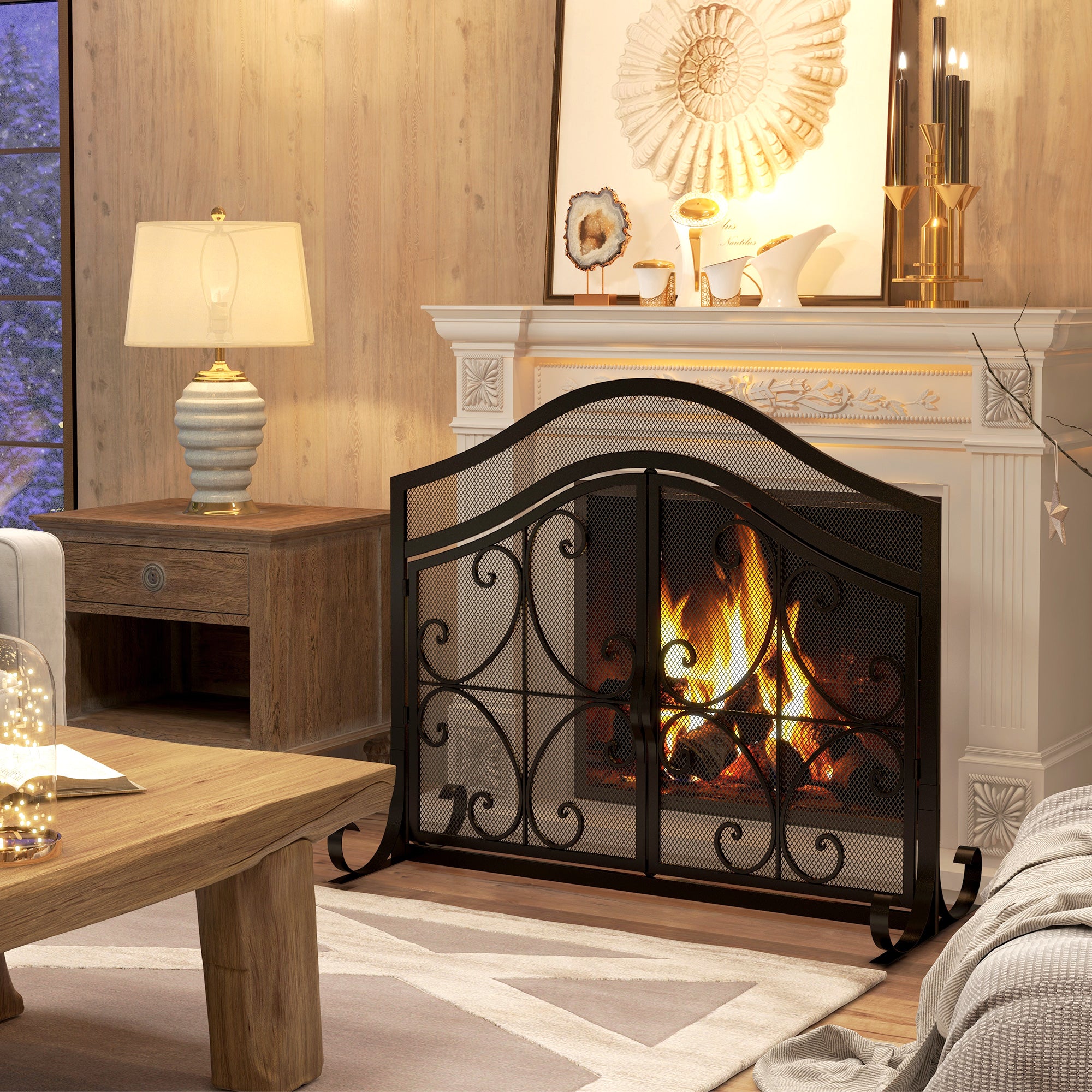 Pare-feu cheminée, grille de protection pour cheminée, panneau unique en maille d'acier, sommet arqué, serviteur cheminée avec double porte magnétiques, 105 x 40 x 80,5 cm, noir