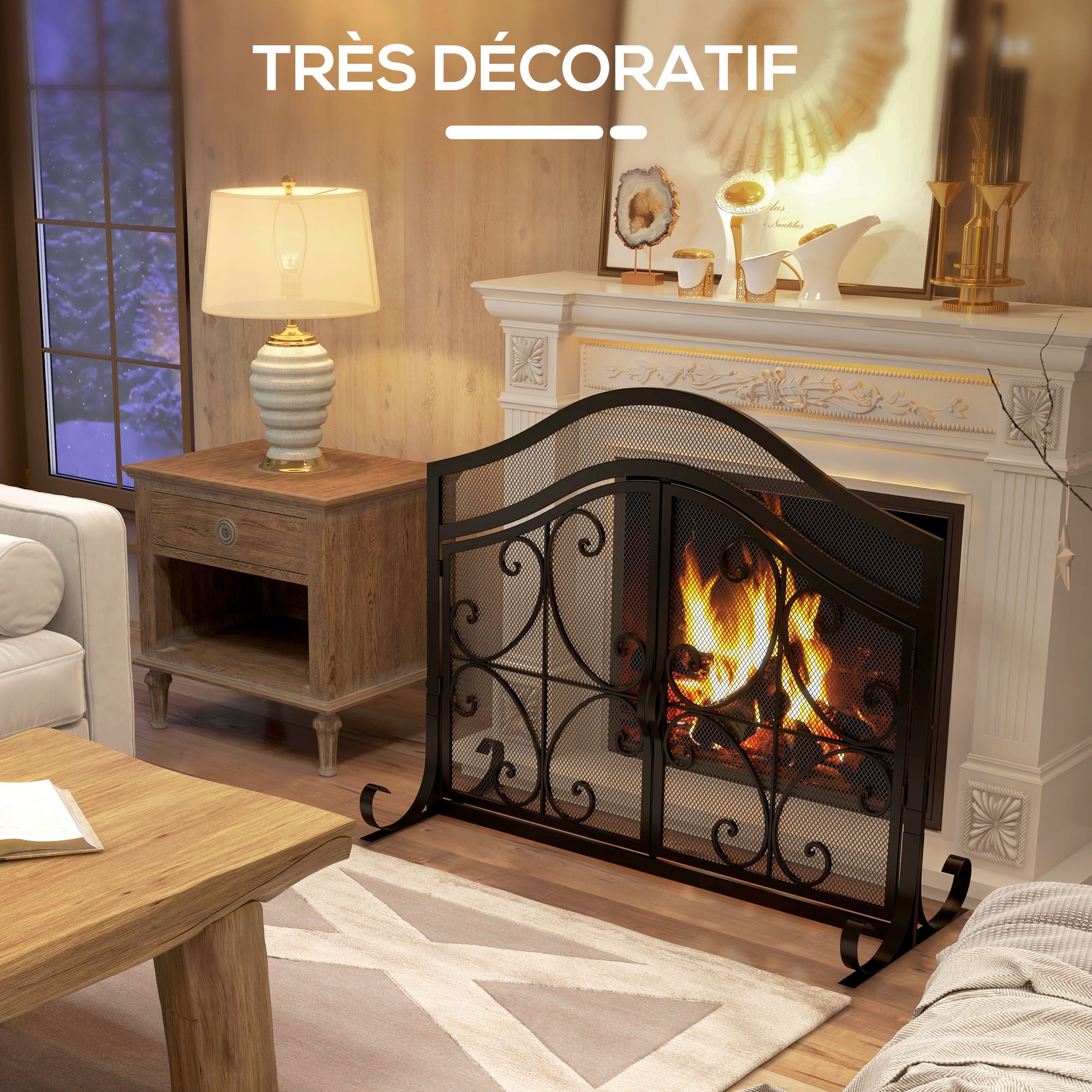 Pare-feu cheminée, grille de protection pour cheminée, panneau unique en maille d'acier, sommet arqué, serviteur cheminée avec double porte magnétiques, 105 x 40 x 80,5 cm, noir