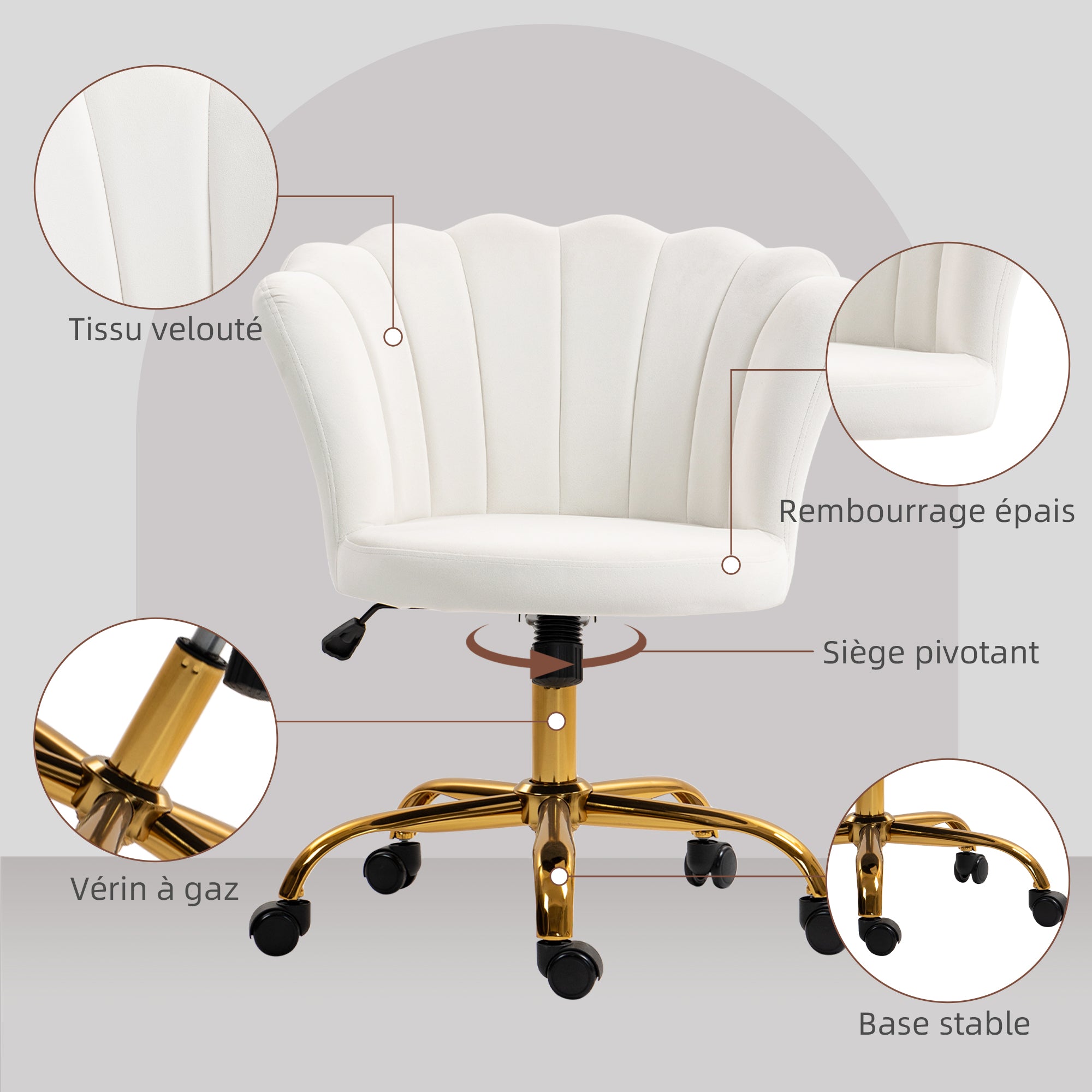Chaise bureau en velours, chaise coiffeuse avec dossier en pétale, hauteur réglable, fonction bascule, assise rembourrée et pivotante, fauteuil coquillage pour bureau, salon, chambre, blanc