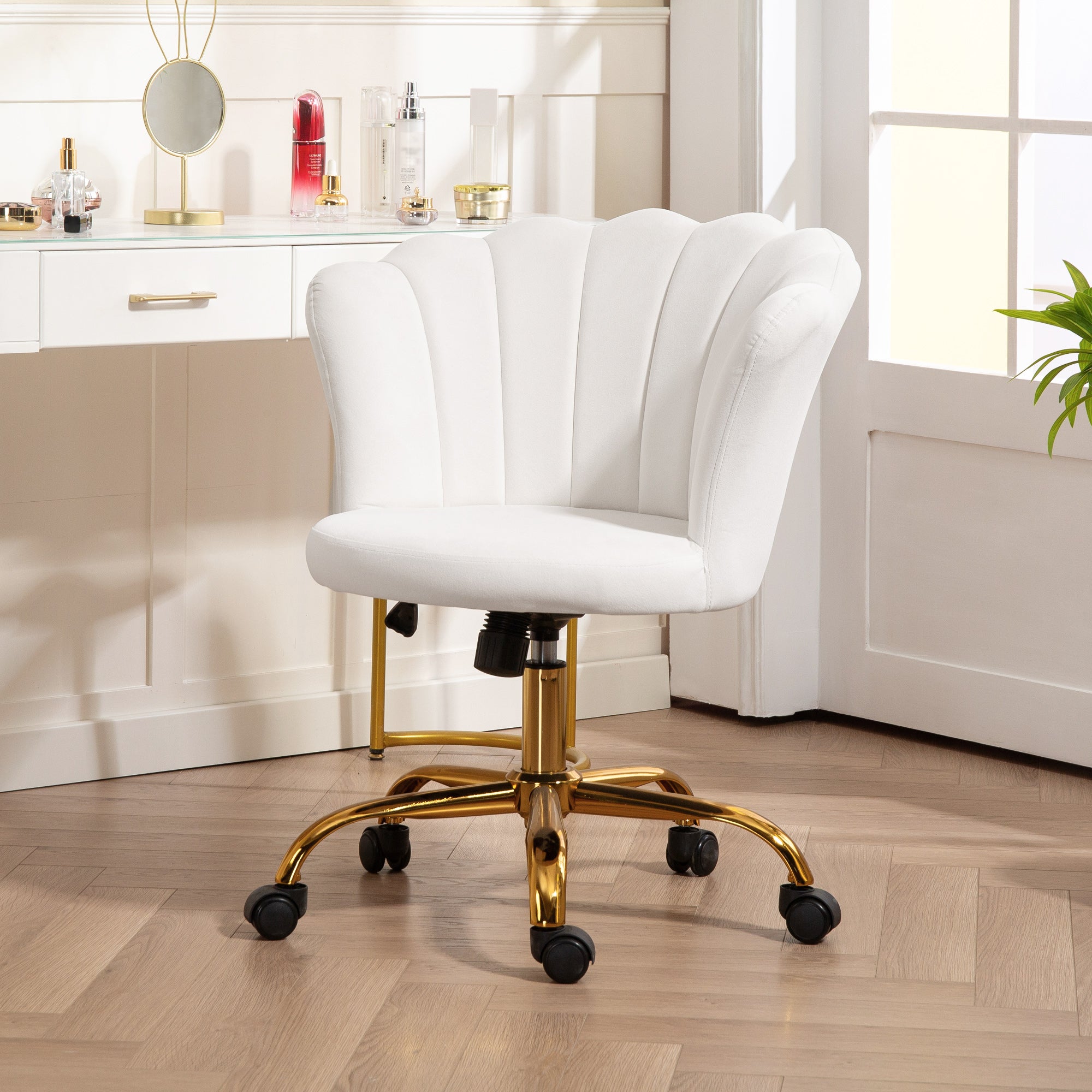 Chaise bureau en velours, chaise coiffeuse avec dossier en pétale, hauteur réglable, fonction bascule, assise rembourrée et pivotante, fauteuil coquillage pour bureau, salon, chambre, blanc