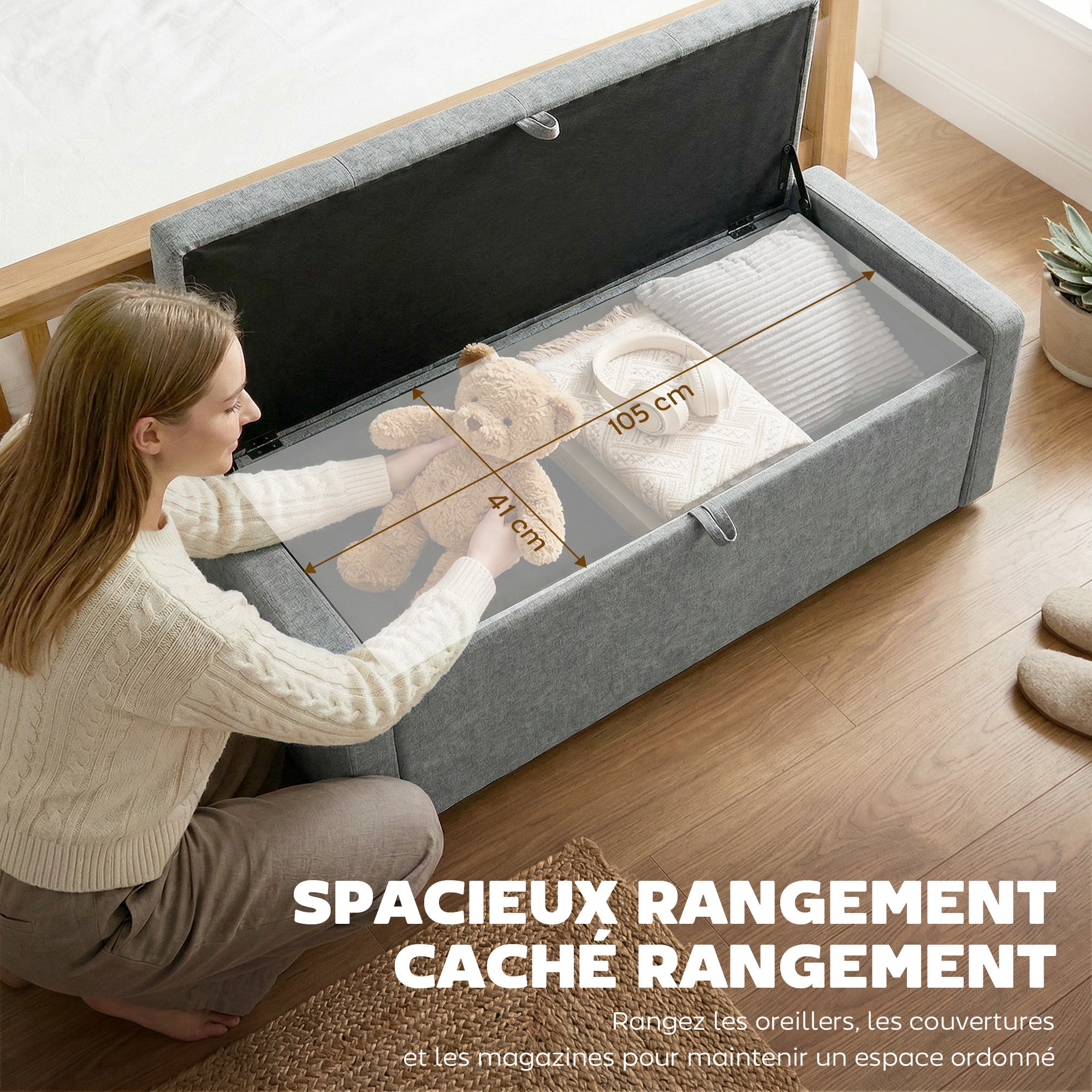 Banc de rangement, bout de lit, repose-pieds rembourré en lin avec assise large et confortable, coffre de rangement pour salon, chambre, entrée, 122 x 48 x 44 cm, gris clair