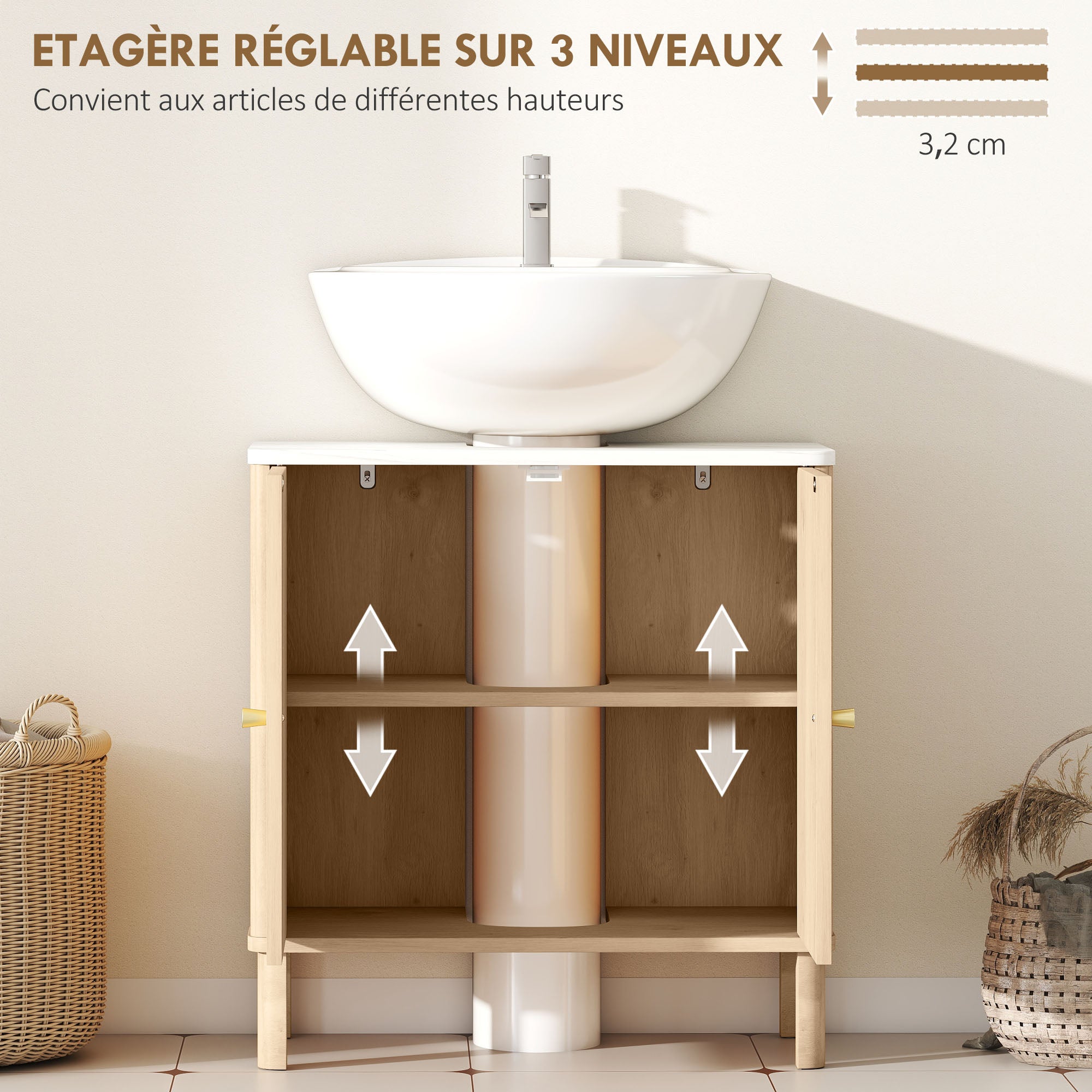 Meuble sous lavabo, meuble de salle de bain sous vasque avec étagère réglable et plan de toilette effet marbre pour vasque avec ou sans piédestal, 60 x 30 x 63 cm, chêne