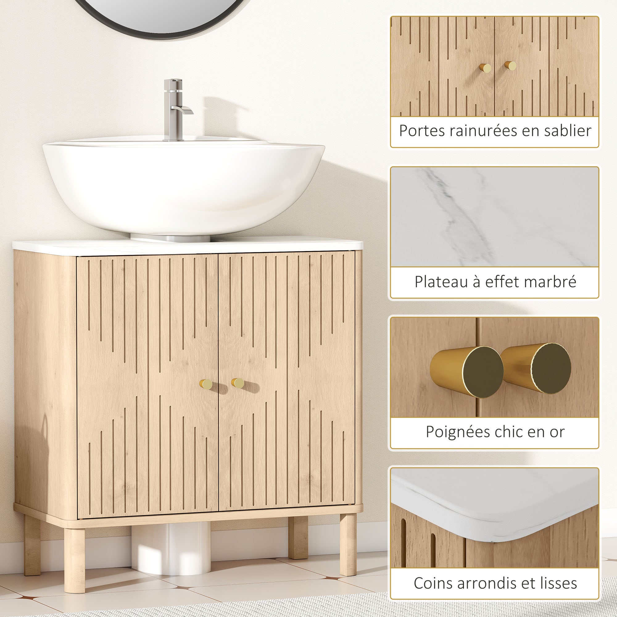 Meuble sous lavabo, meuble de salle de bain sous vasque avec étagère réglable et plan de toilette effet marbre pour vasque avec ou sans piédestal, 60 x 30 x 63 cm, chêne