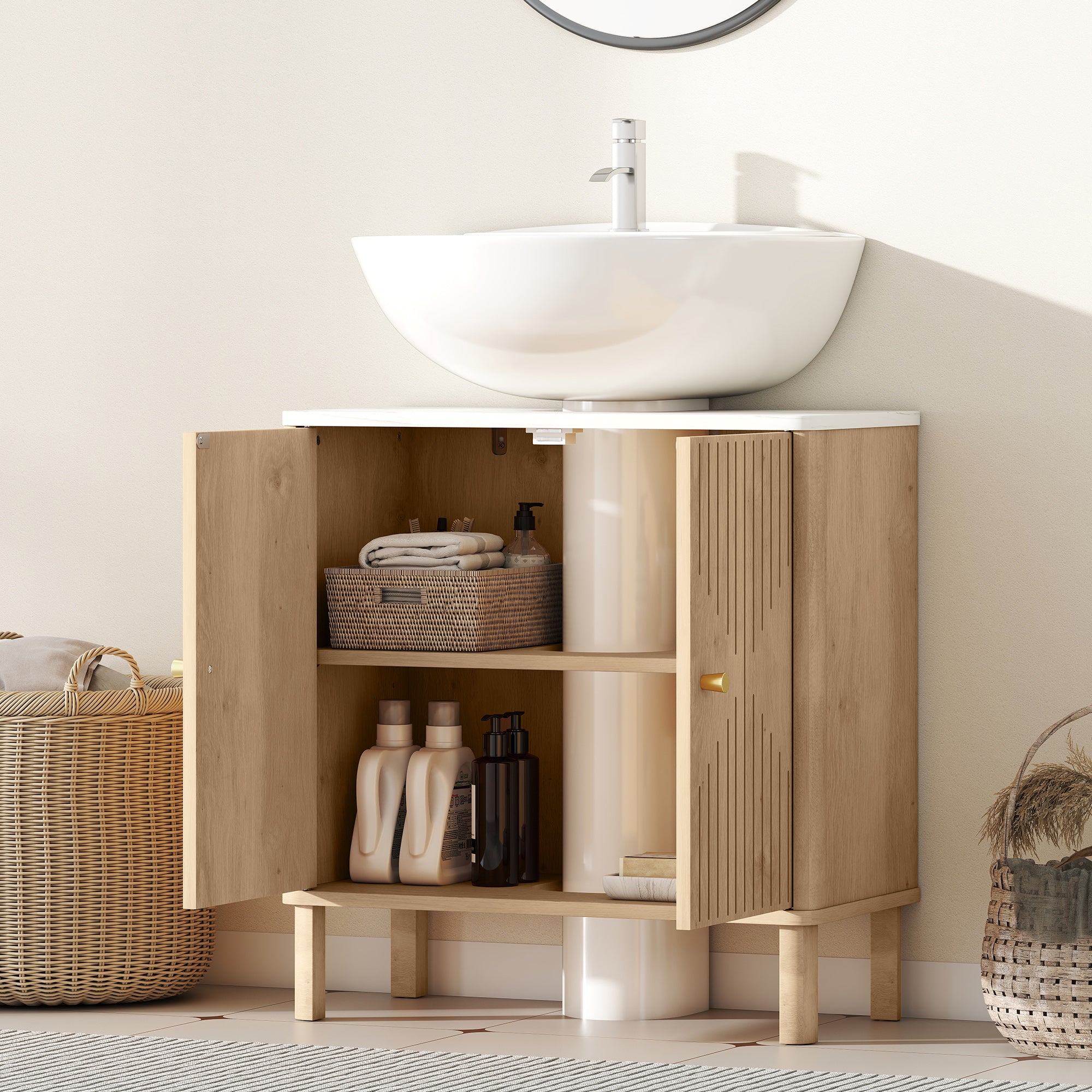 Meuble sous lavabo, meuble de salle de bain sous vasque avec étagère réglable et plan de toilette effet marbre pour vasque avec ou sans piédestal, 60 x 30 x 63 cm, chêne