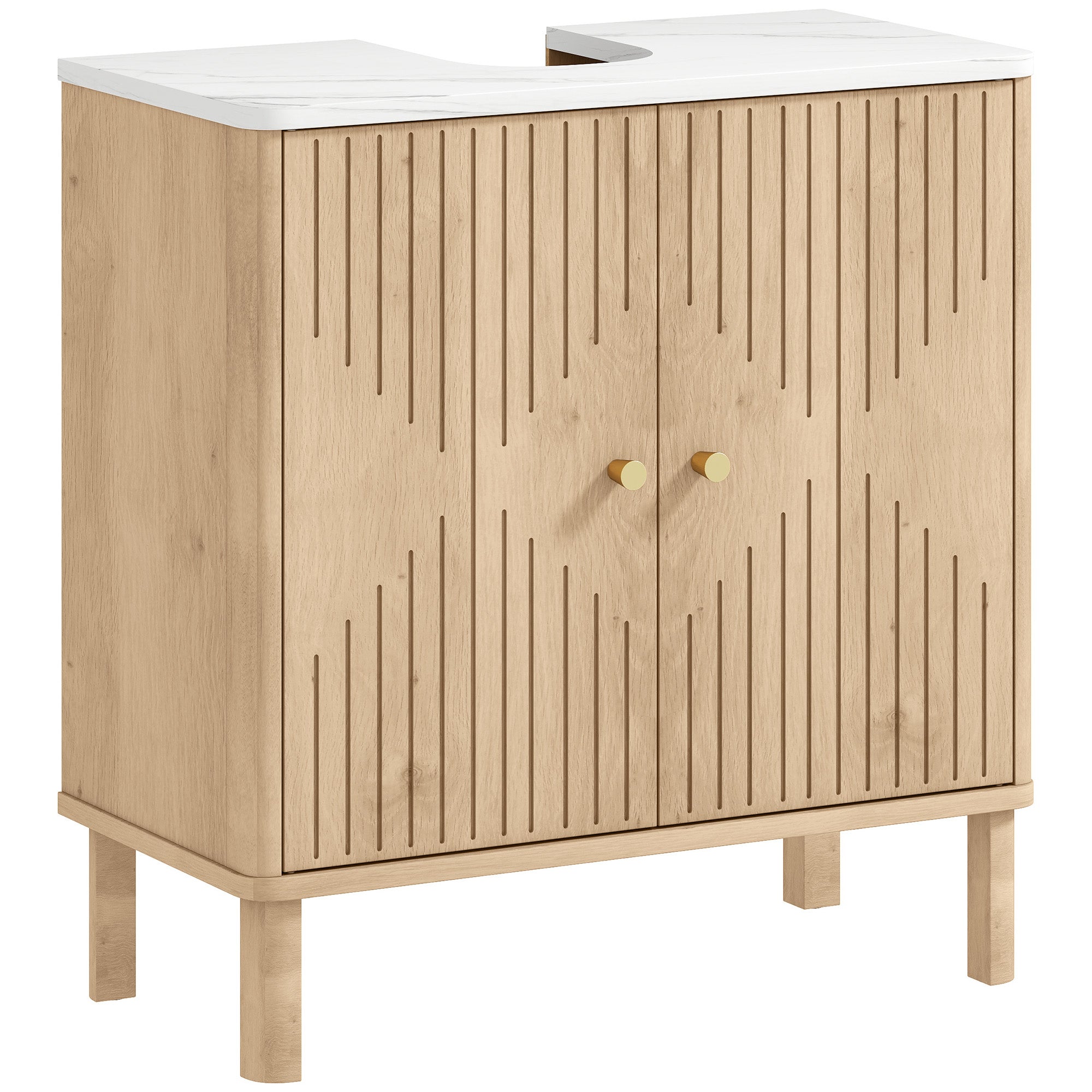 Meuble sous lavabo, meuble de salle de bain sous vasque avec étagère réglable et plan de toilette effet marbre pour vasque avec ou sans piédestal, 60 x 30 x 63 cm, chêne