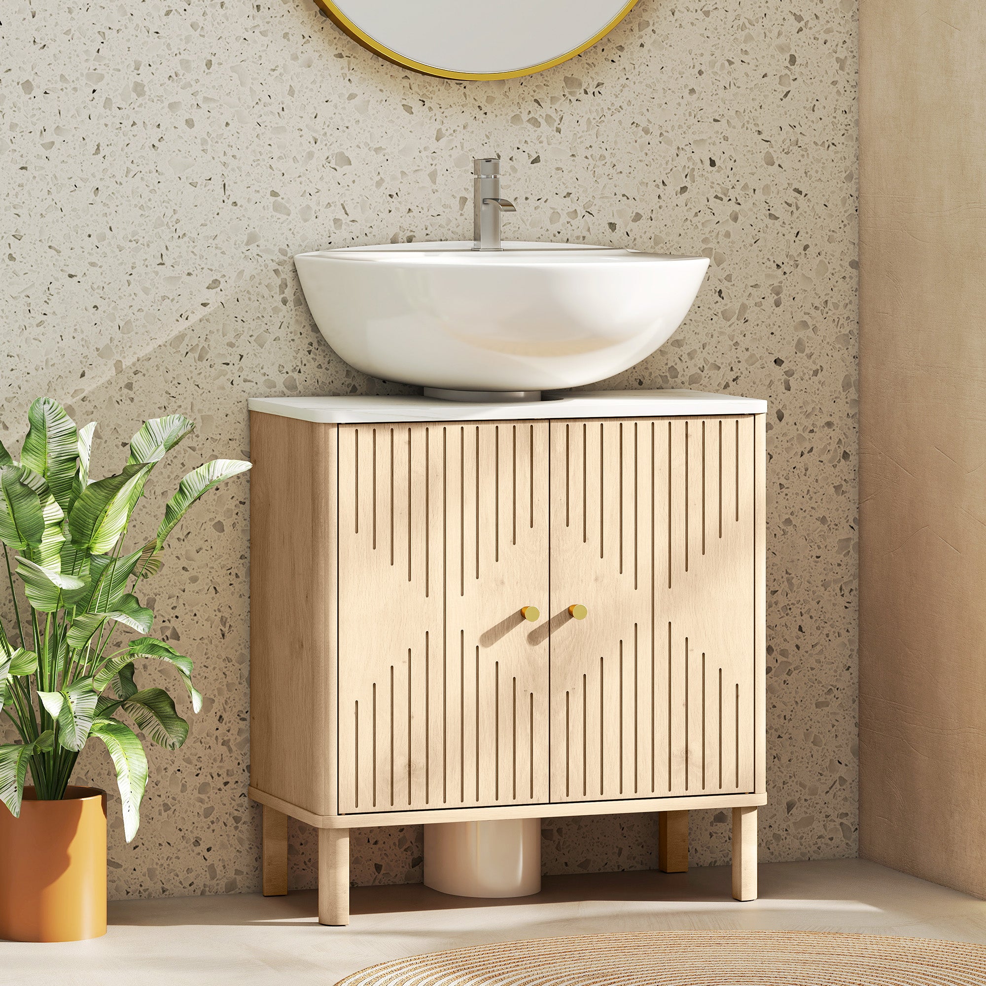 Meuble sous lavabo, meuble de salle de bain sous vasque avec étagère réglable et plan de toilette effet marbre pour vasque avec ou sans piédestal, 60 x 30 x 63 cm, chêne