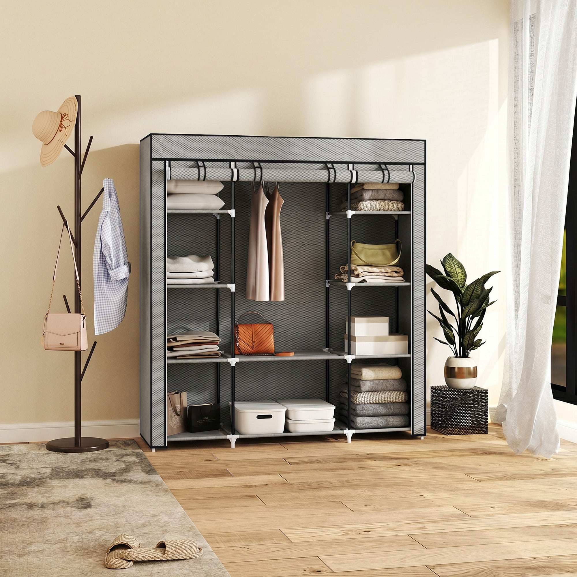Armoire de rangement penderie en tissu, armoire chambre pliable, penderie vêtement avec barre de suspension et étagères pour vestiaire, chambre, dressing, 150 x 43 x 162,5 cm, gris clair