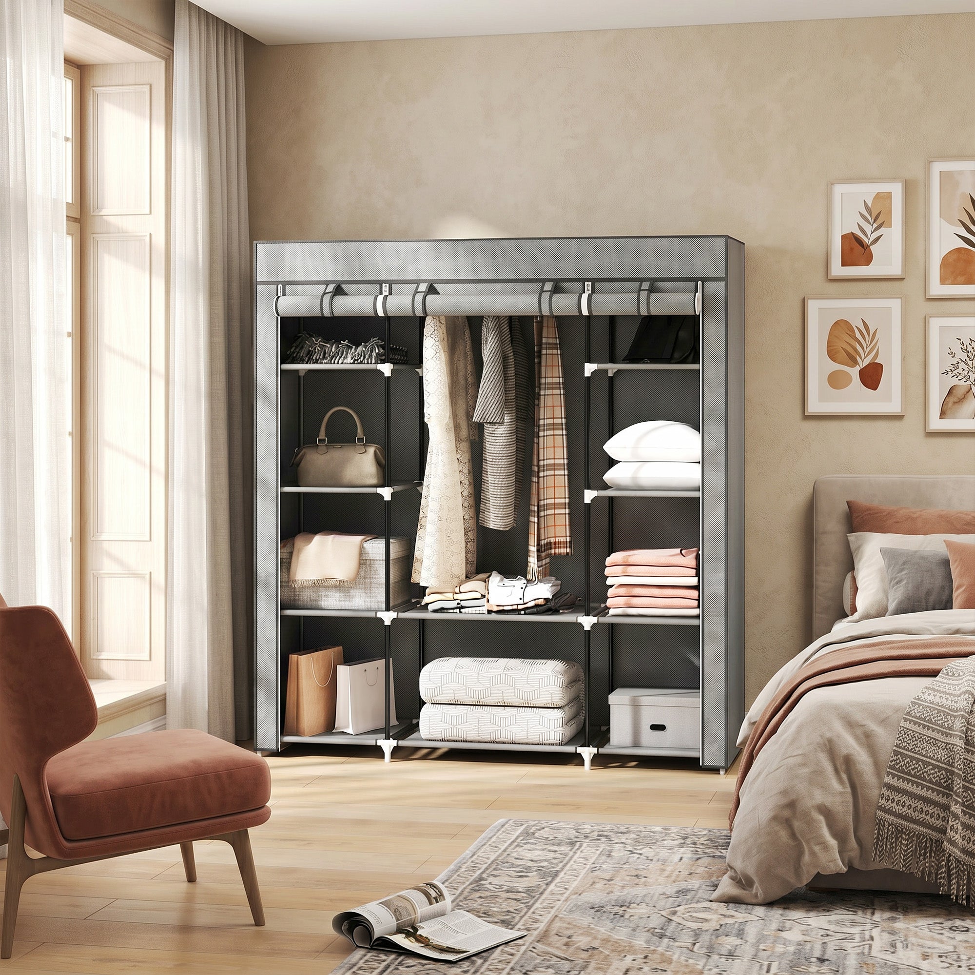 Armoire de rangement penderie en tissu, armoire chambre pliable, penderie vêtement avec barre de suspension et étagères pour vestiaire, chambre, dressing, 150 x 43 x 162,5 cm, gris clair