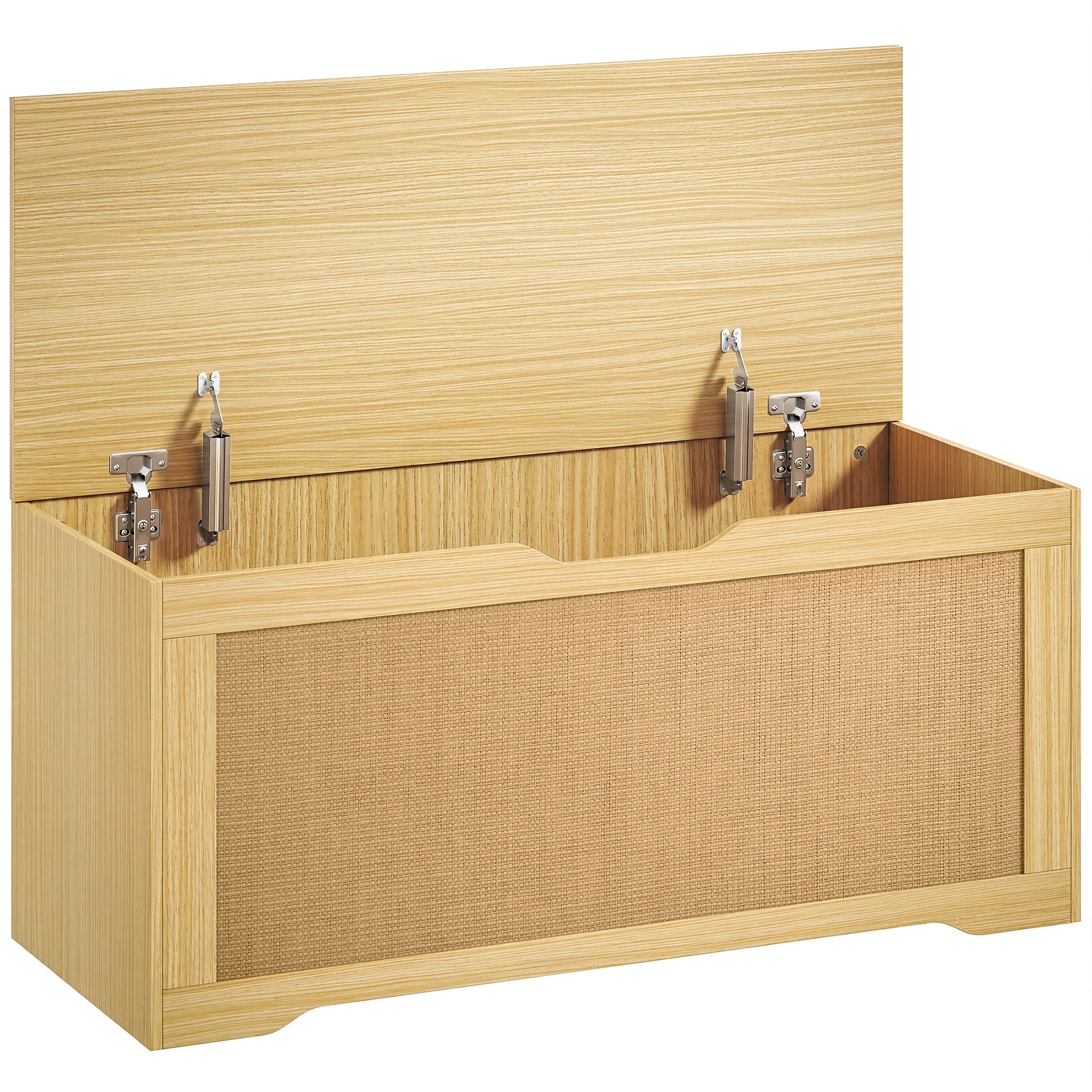 Coffre de Rangement en Rotin 136L, Banc Coffre avec Couvercle Relevable et 2 Charnières de Sécurité, Design Sans Poignée, Banc de Rangement pour Salon ou Entrée, 100 x 40 x 45 cm, Chêne