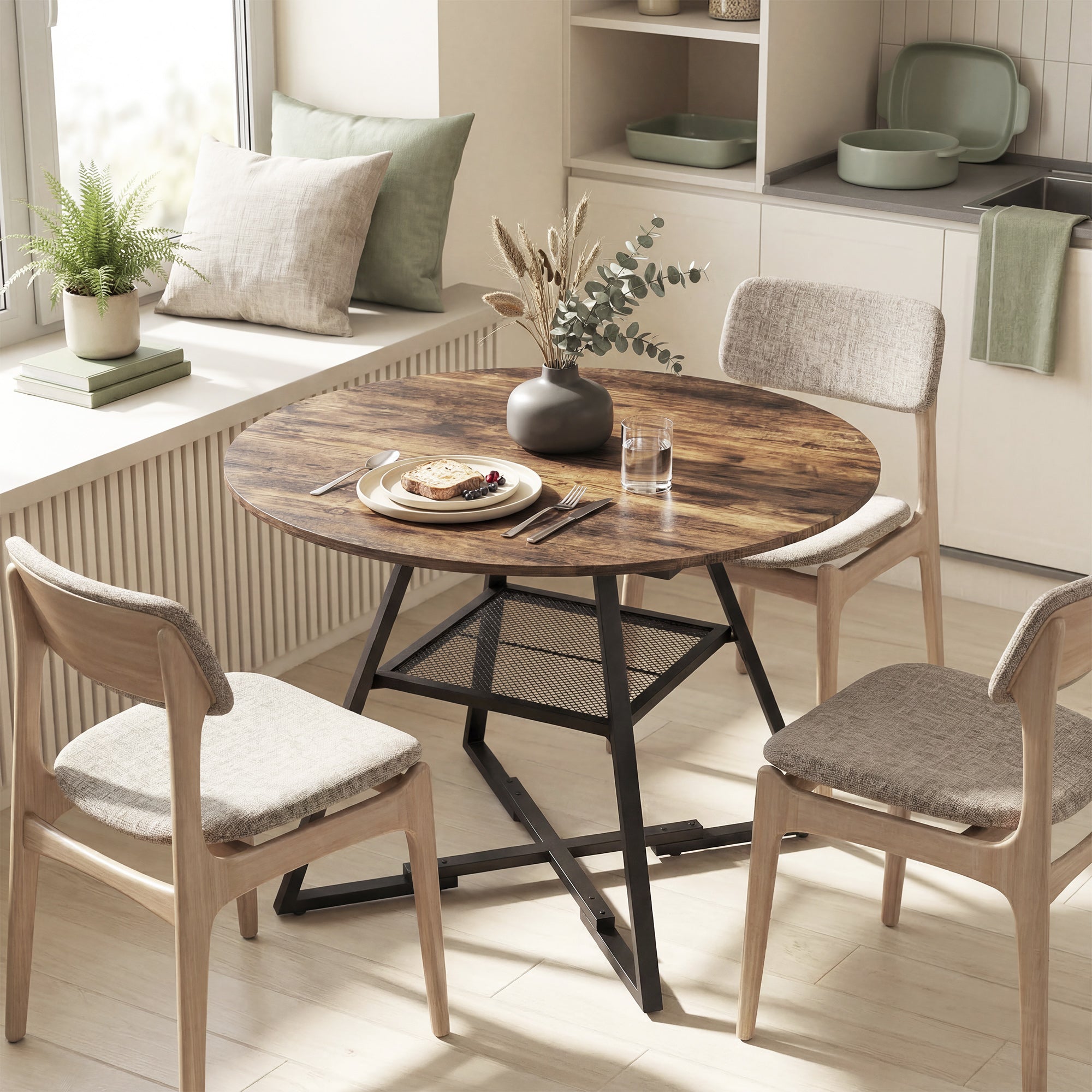 Table à manger ronde pour 4 personnes, Ø 100 x 76 cm, table de cuisine industrielle avec large plateau et étagère de rangement, cadre en métal, brun rustique