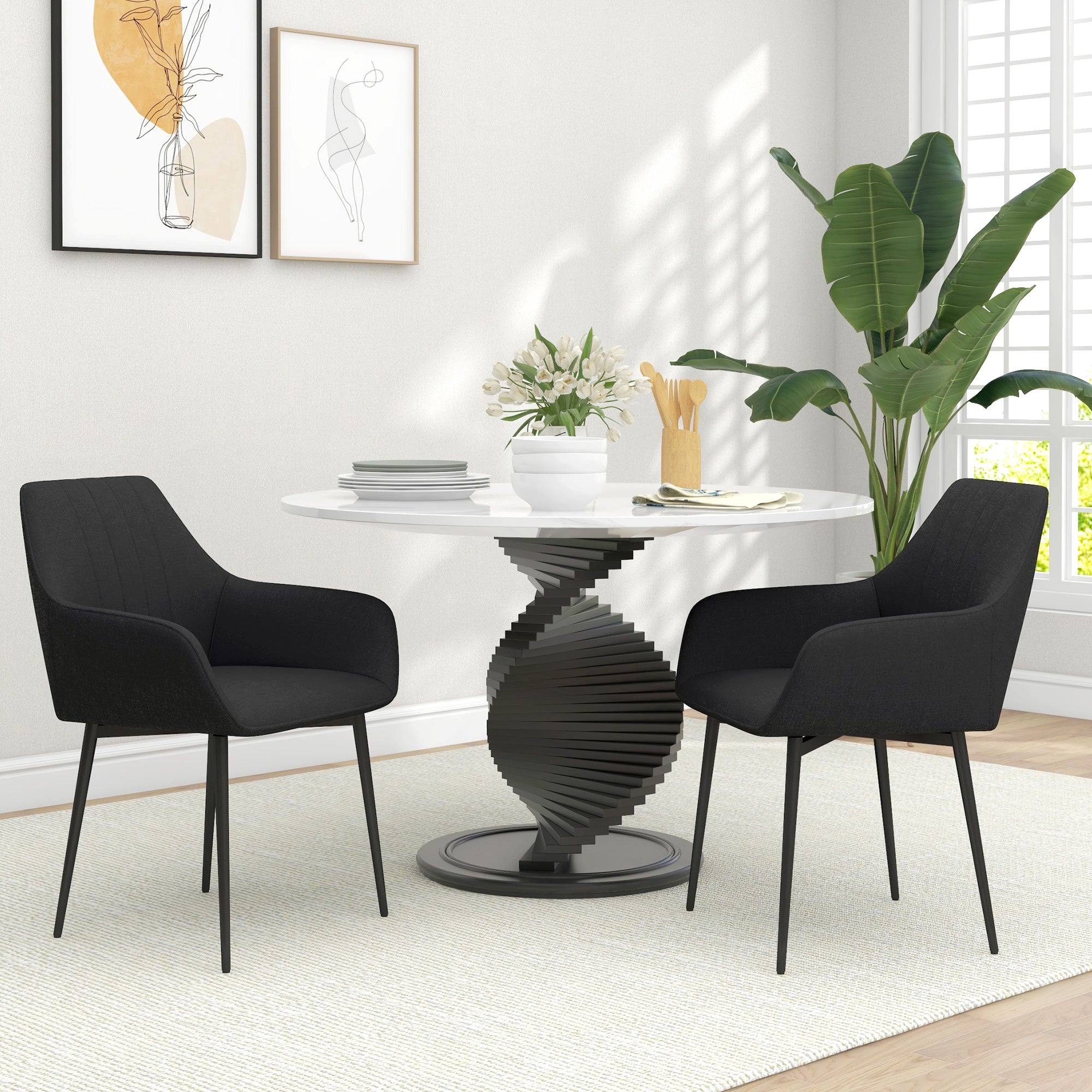 Chaises de Salle à Manger Chaises de Visiteur Design scandinave - Lot de 2 chaises - Pieds effilés métal Noir - Assise Dossier accoudoirs ergonomiques Lin Noir