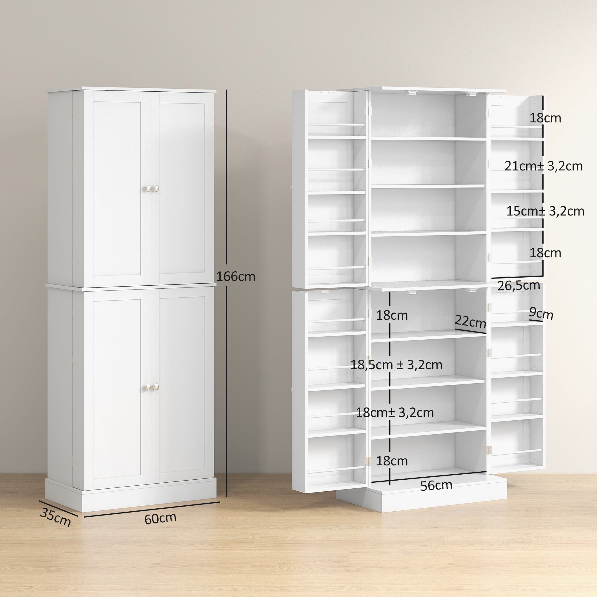 Armoire de cuisine buffet cuisine vaisselier meuble de rangement style moderne avec placards, étagère réglable et porte-épices pour salle à manger, salon, 60 x 35 x 166 cm, blanc