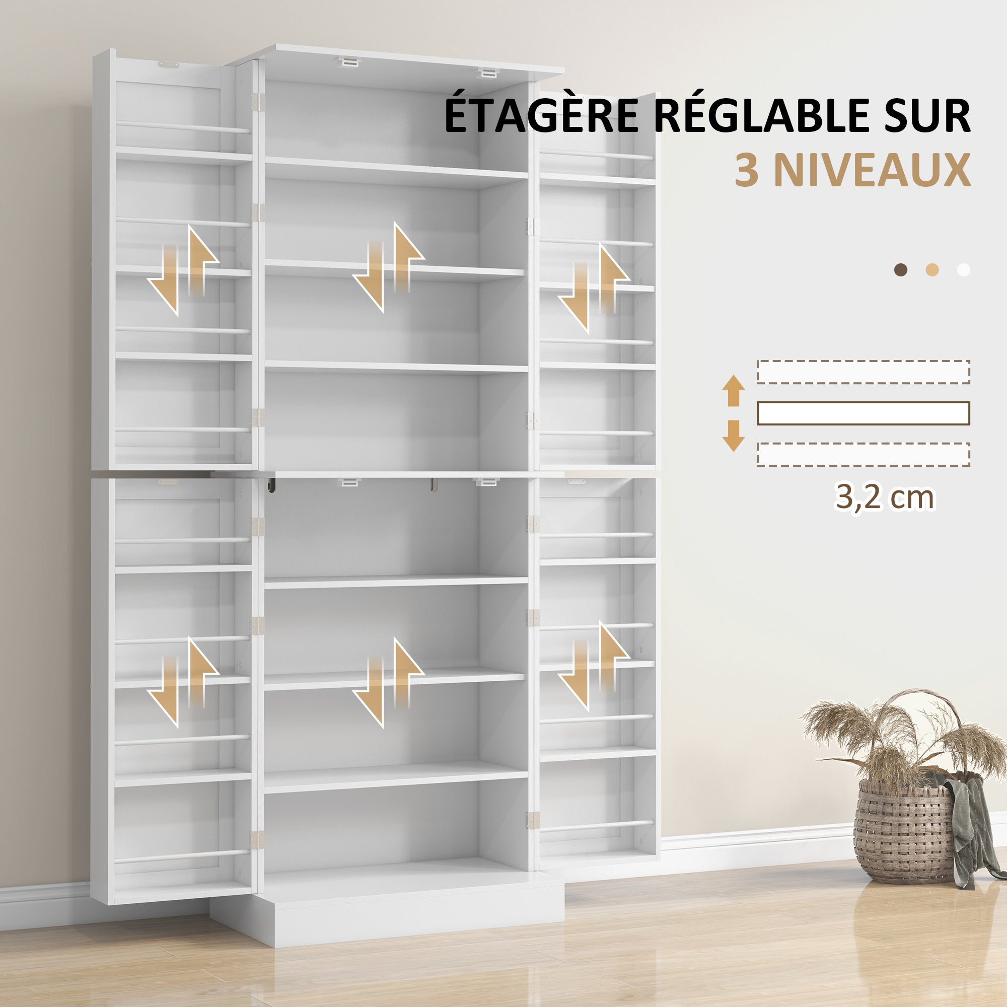 Armoire de cuisine buffet cuisine vaisselier meuble de rangement style moderne avec placards, étagère réglable et porte-épices pour salle à manger, salon, 60 x 35 x 166 cm, blanc
