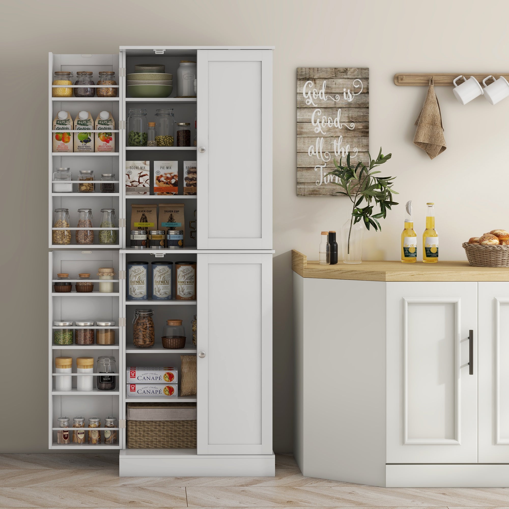 Armoire de cuisine buffet cuisine vaisselier meuble de rangement style moderne avec placards, étagère réglable et porte-épices pour salle à manger, salon, 60 x 35 x 166 cm, blanc