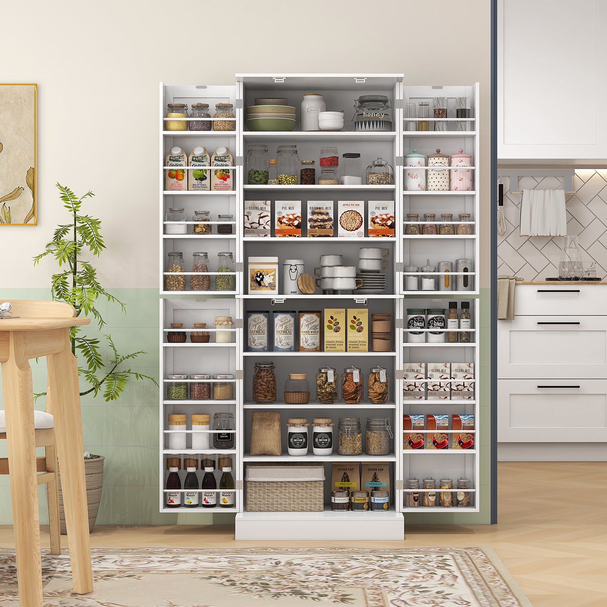 Armoire de cuisine buffet cuisine vaisselier meuble de rangement style moderne avec placards, étagère réglable et porte-épices pour salle à manger, salon, 60 x 35 x 166 cm, blanc
