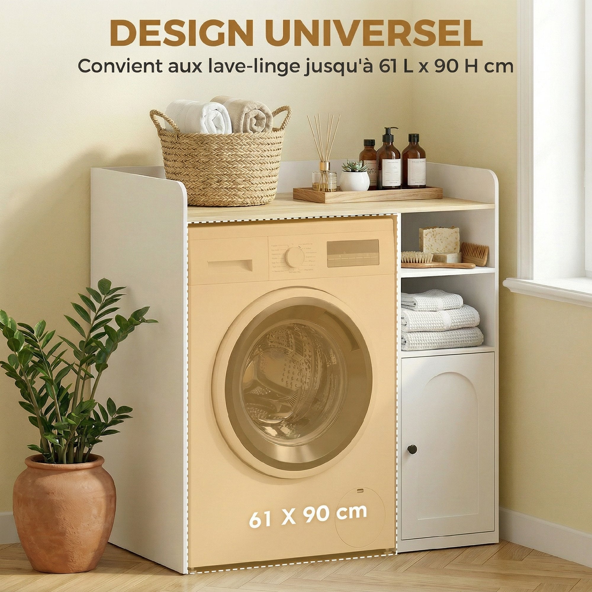 Meuble machine à laver, armoire machine a laver avec compartiments ouverts, porte à fermeture douce et large plateau, meuble de salle de bain et buanderie, 93,5 x 60 x 100 cm, blanc