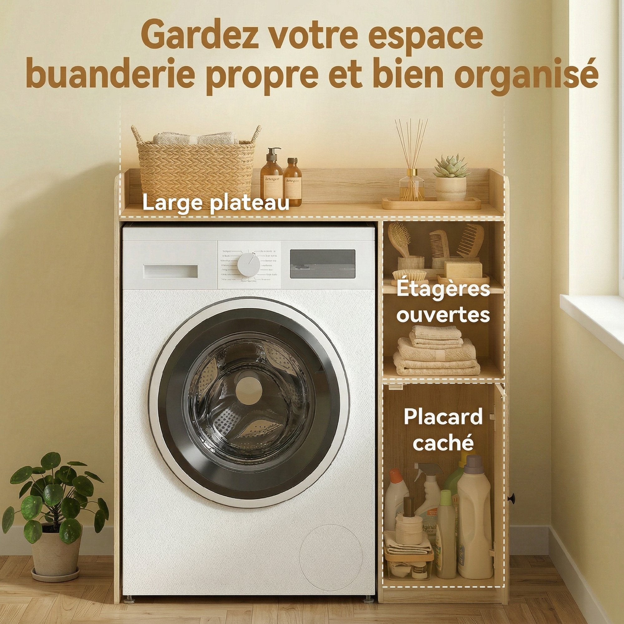 Meuble machine à laver, armoire machine a laver avec compartiments ouverts, porte à fermeture douce et large plateau, meuble de salle de bain et buanderie, 93,5 x 60 x 100 cm, blanc