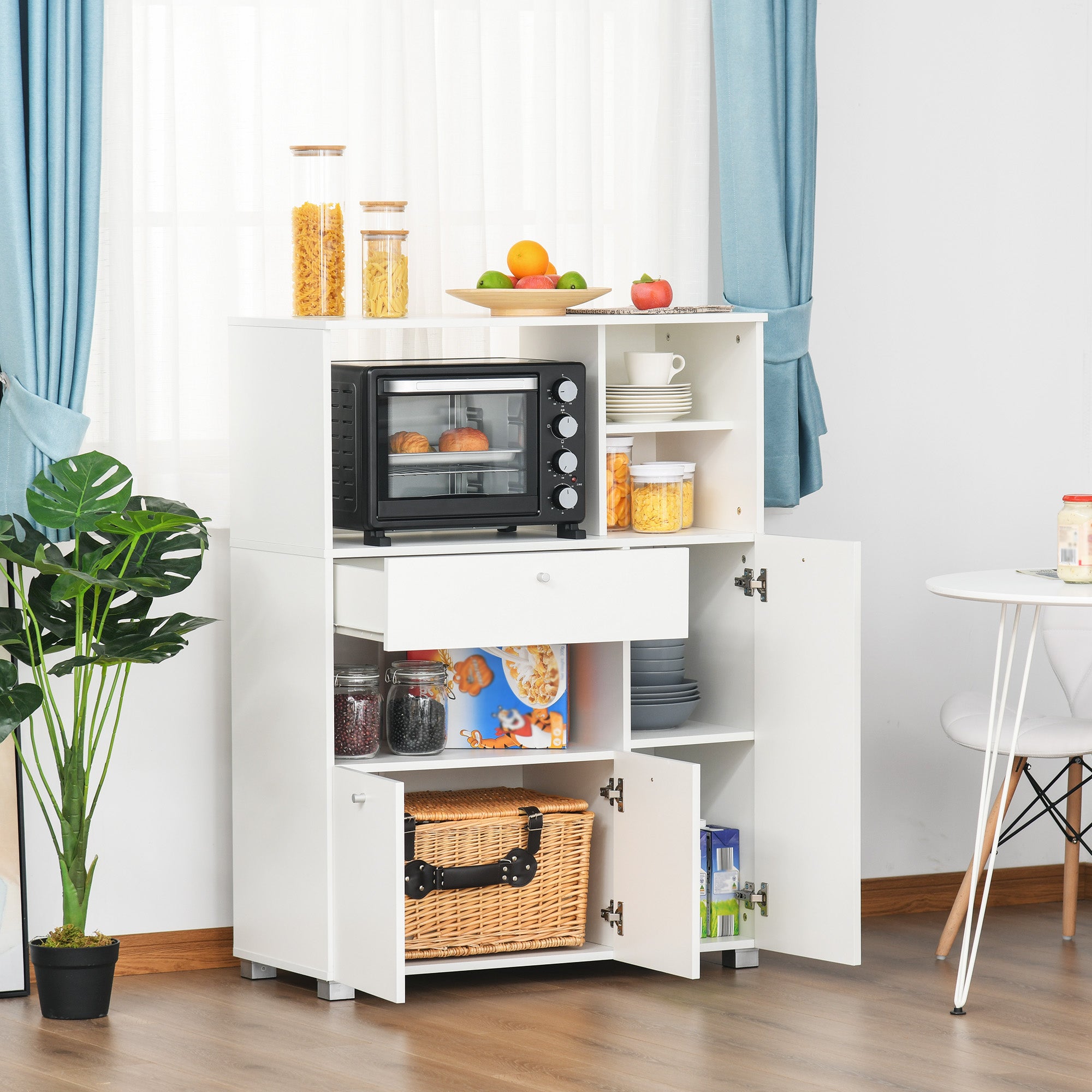 Meuble de micro-onde armoire cuisine meuble de rangement multi-rangements buffet avec 2 placards 4 niches tiroir coulissant dim. 90L x 40l x 120H cm en bois blanc