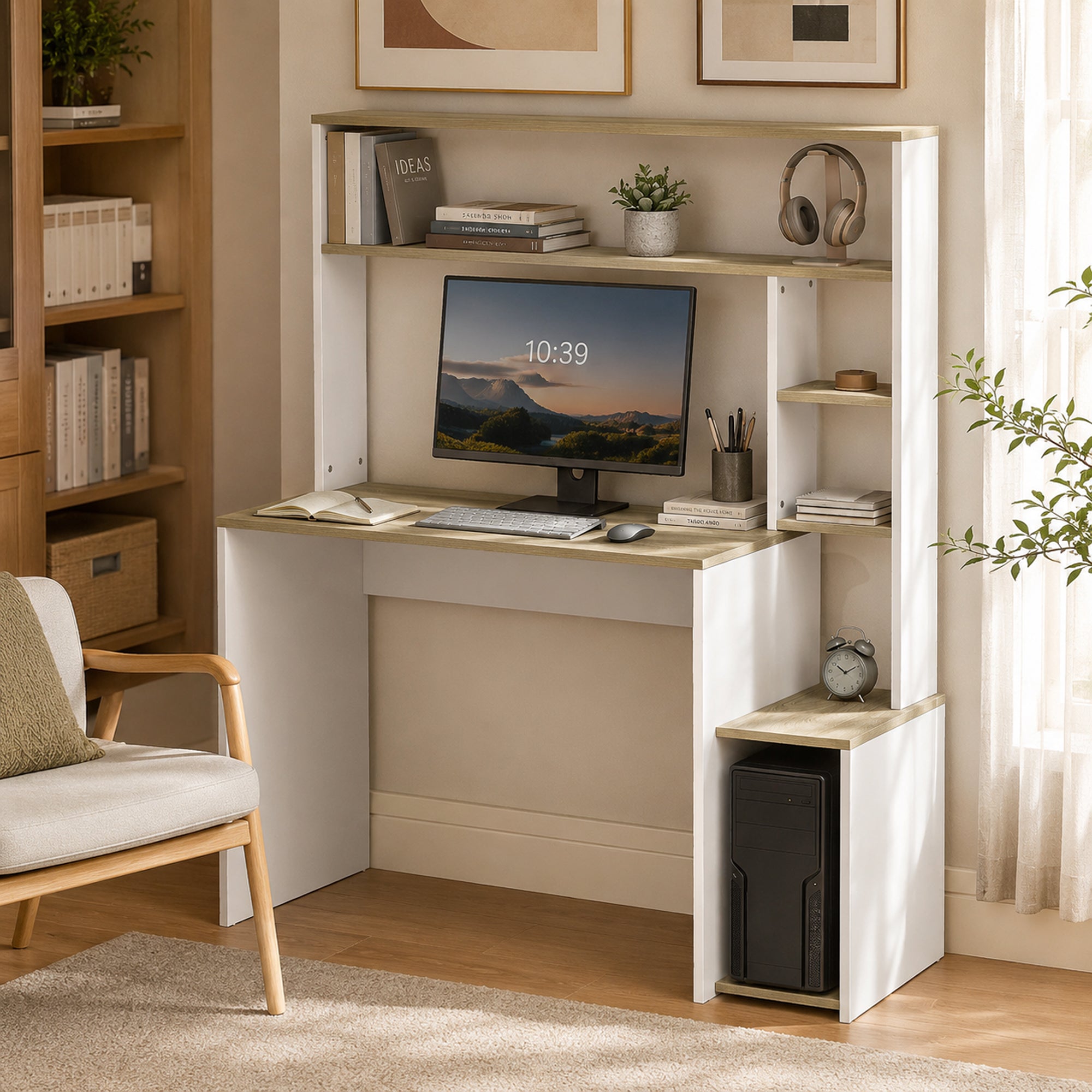Bureau Informatique, 114x45x138cm, Bureau avec Rangement, Étagères Ouvertes, Large Plateau et Support UC, Table d'Ordinateur Moderne pour Chambre, Domicile, Petit Espace, Blanc et Bois Naturel