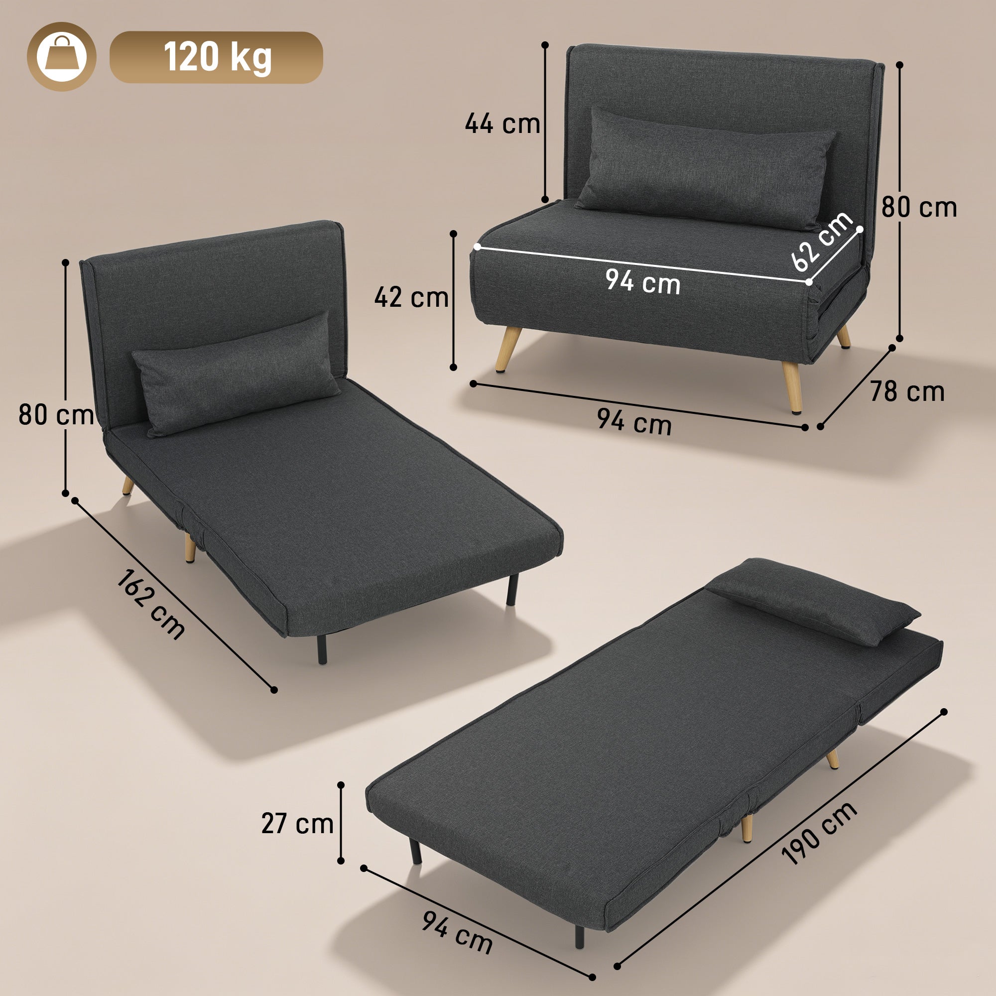 fauteuil convertible 1 place, fauteuil-lit chauffeuse 3 en 1 avec dossier réglable, oreiller, siège rembourré, tissu en lin, canapé-lit pour invités, salon, charge 120 Kg, 190/78 x 94 cm, gris