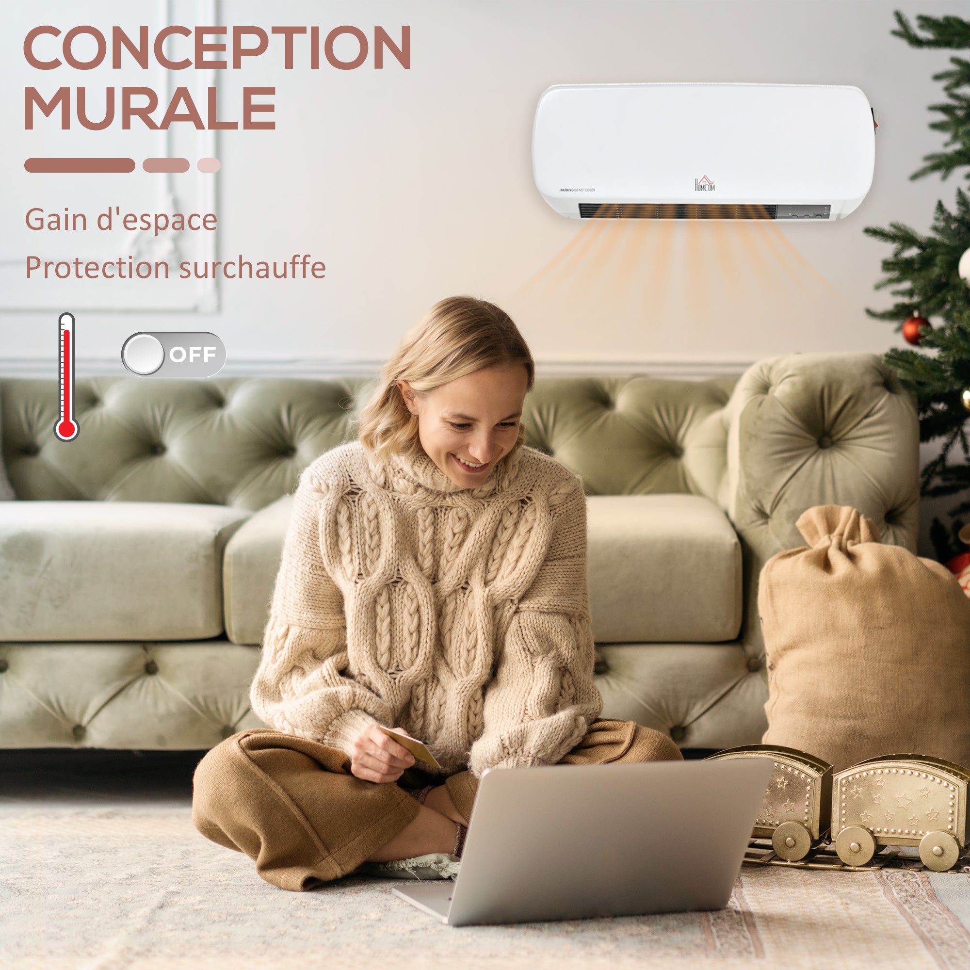 Radiateur mural soufflant 2000 W - chauffage céramique PTC - 3 niveaux de puissance - télécommande incluse blanc noir