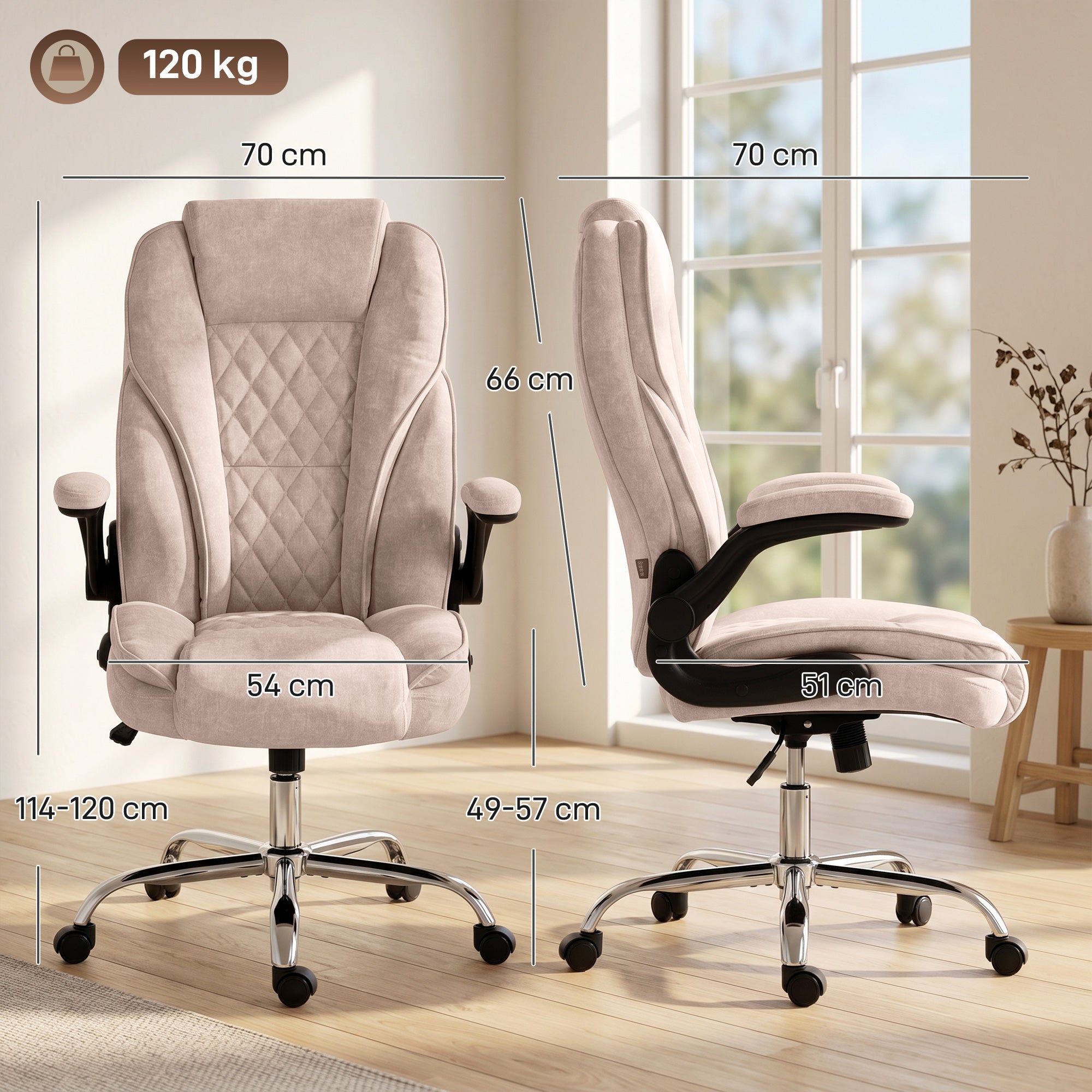 Fauteuil de bureau, chaise bureau ergonomique avec large assise rembourrée, hauteur réglable, accoudoirs relevables, dossier haut, pivotant 360°, tissu en velours, charge 120 Kg, rose