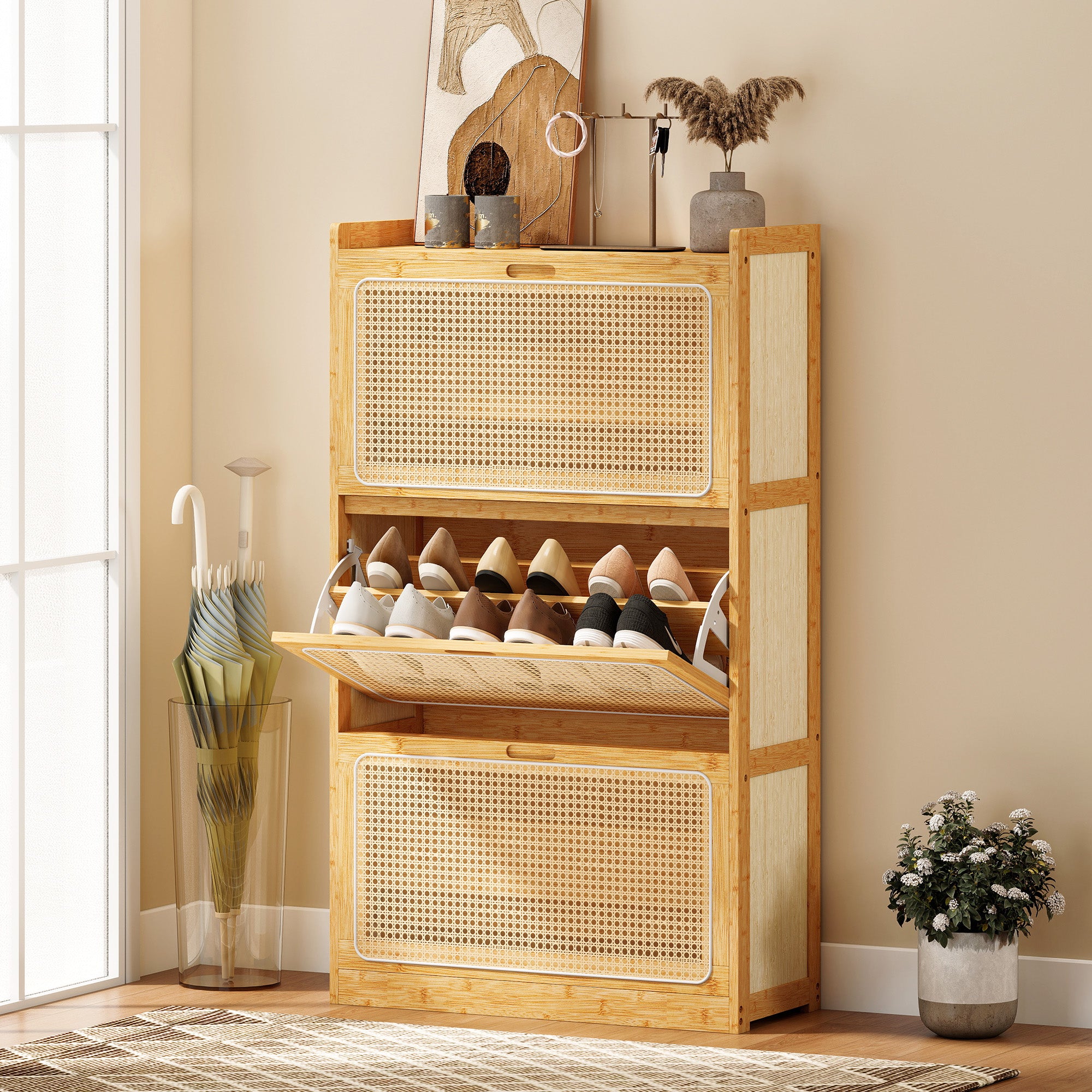 Meuble à chaussures 21 paires en bambou, armoire à chaussures étroite avec 3 tiroirs rabattables et étagères réglables, style bohème, pour couloir, entrée, 69 x 29 x 119,8 cm, bois naturel