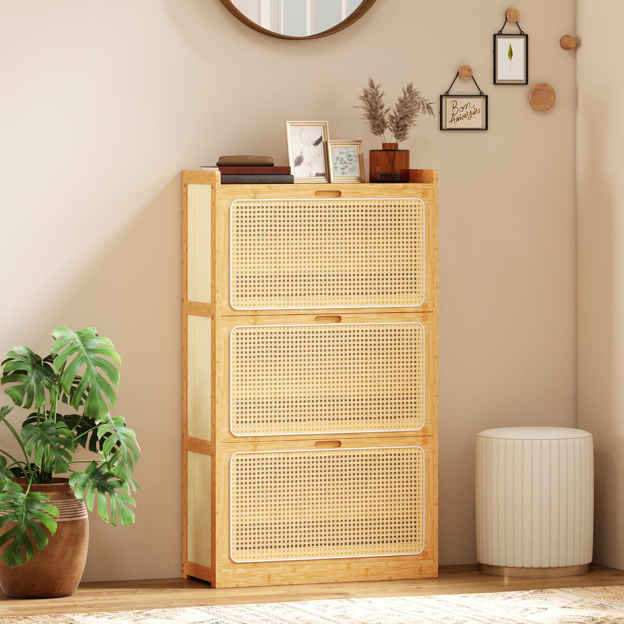 Meuble à chaussures 21 paires en bambou, armoire à chaussures étroite avec 3 tiroirs rabattables et étagères réglables, style bohème, pour couloir, entrée, 69 x 29 x 119,8 cm, bois naturel