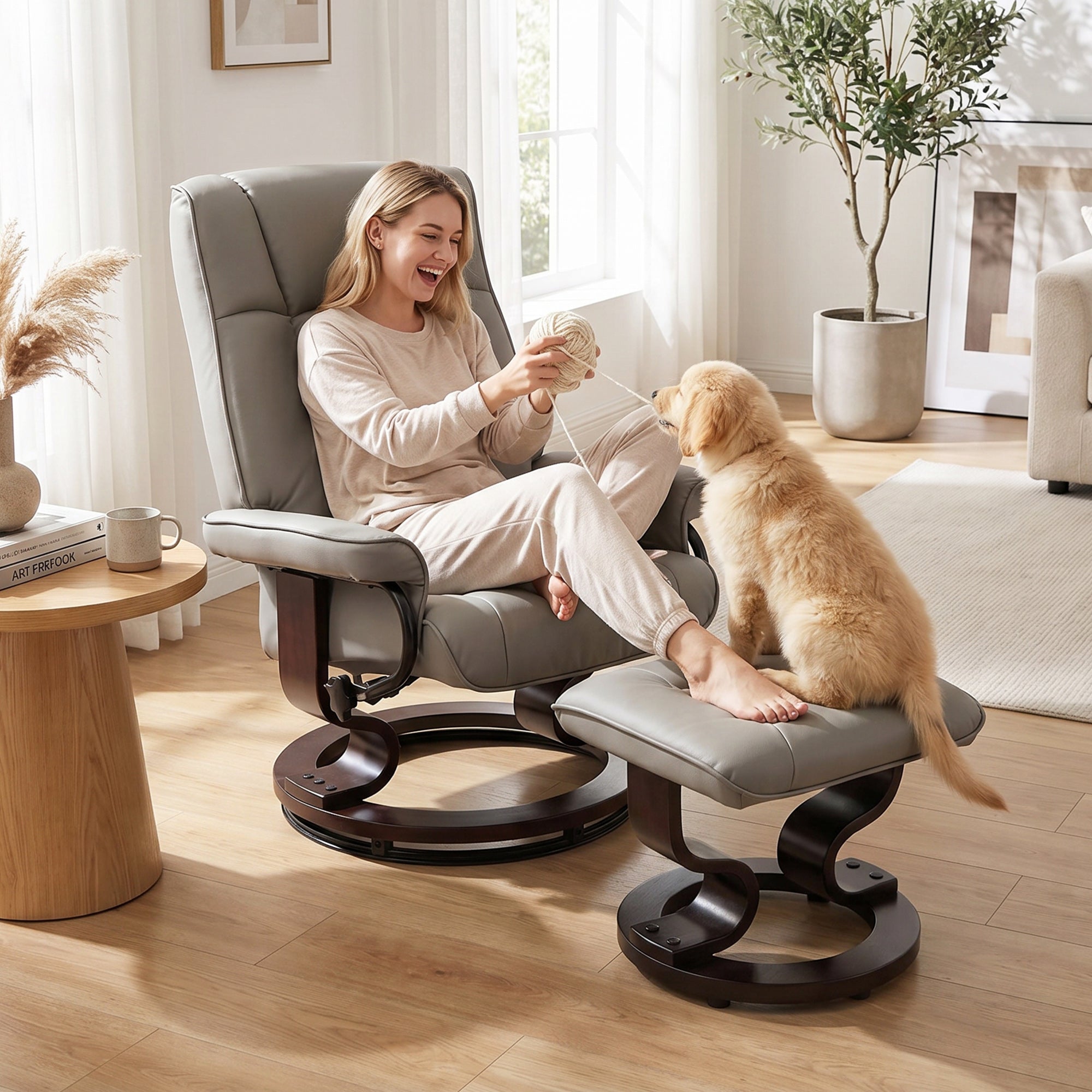 Fauteuil de relaxation inclinable avec repose-pied fauteuil relax de salon pivotant, cadre en bois revêtement synthétique 76 x 85 x 104 cm gris