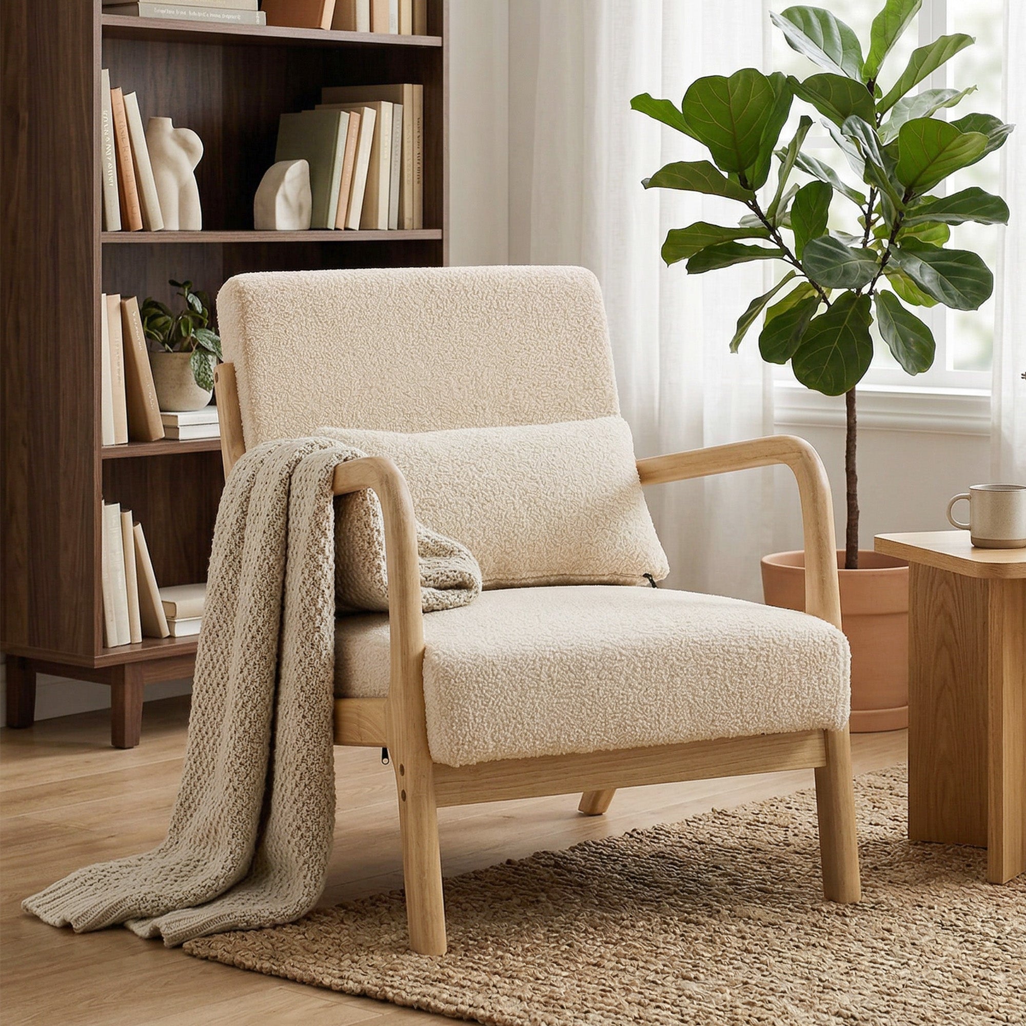Fauteuil de salon avec cadre en bois massif fauteuil lounge - assise profonde - accoudoirs - aspect velours beige