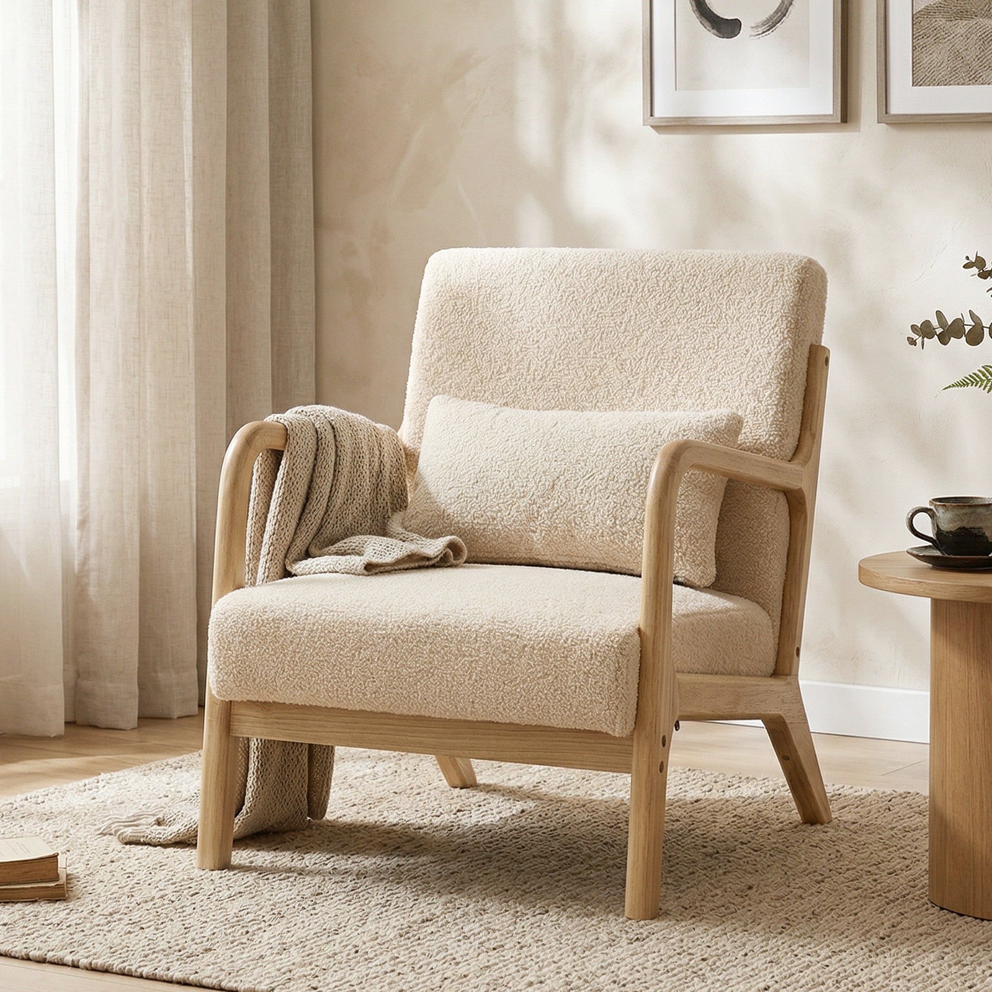 Fauteuil de salon avec cadre en bois massif fauteuil lounge - assise profonde - accoudoirs - aspect velours beige
