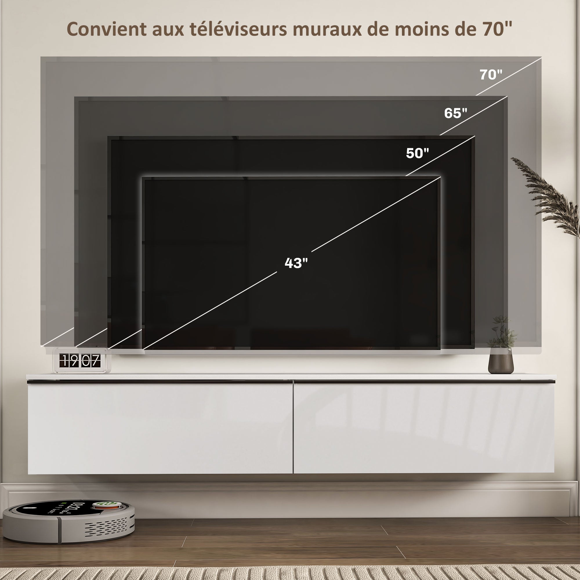 Meuble TV suspendu meuble télé bois banc TV mural pour téléviseurs jusqu'à 70 pouces avec placard à portes effet brillant, pour salon chambre à coucher, 160 x 35 x 30 cm, blanc