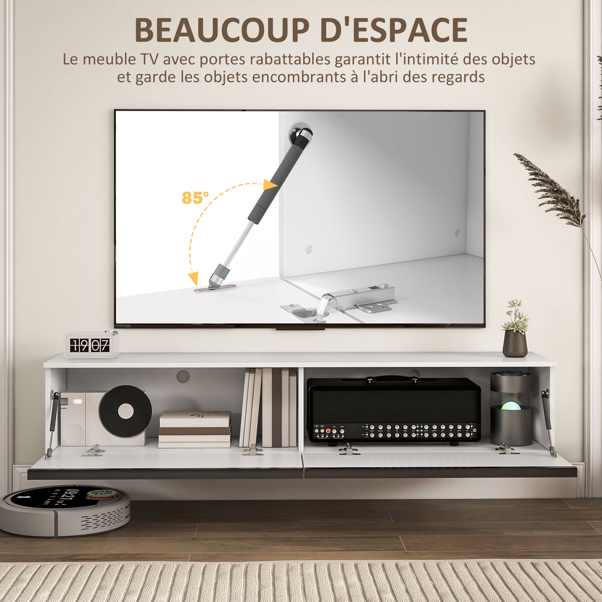 Meuble TV suspendu meuble télé bois banc TV mural pour téléviseurs jusqu'à 70 pouces avec placard à portes effet brillant, pour salon chambre à coucher, 160 x 35 x 30 cm, blanc