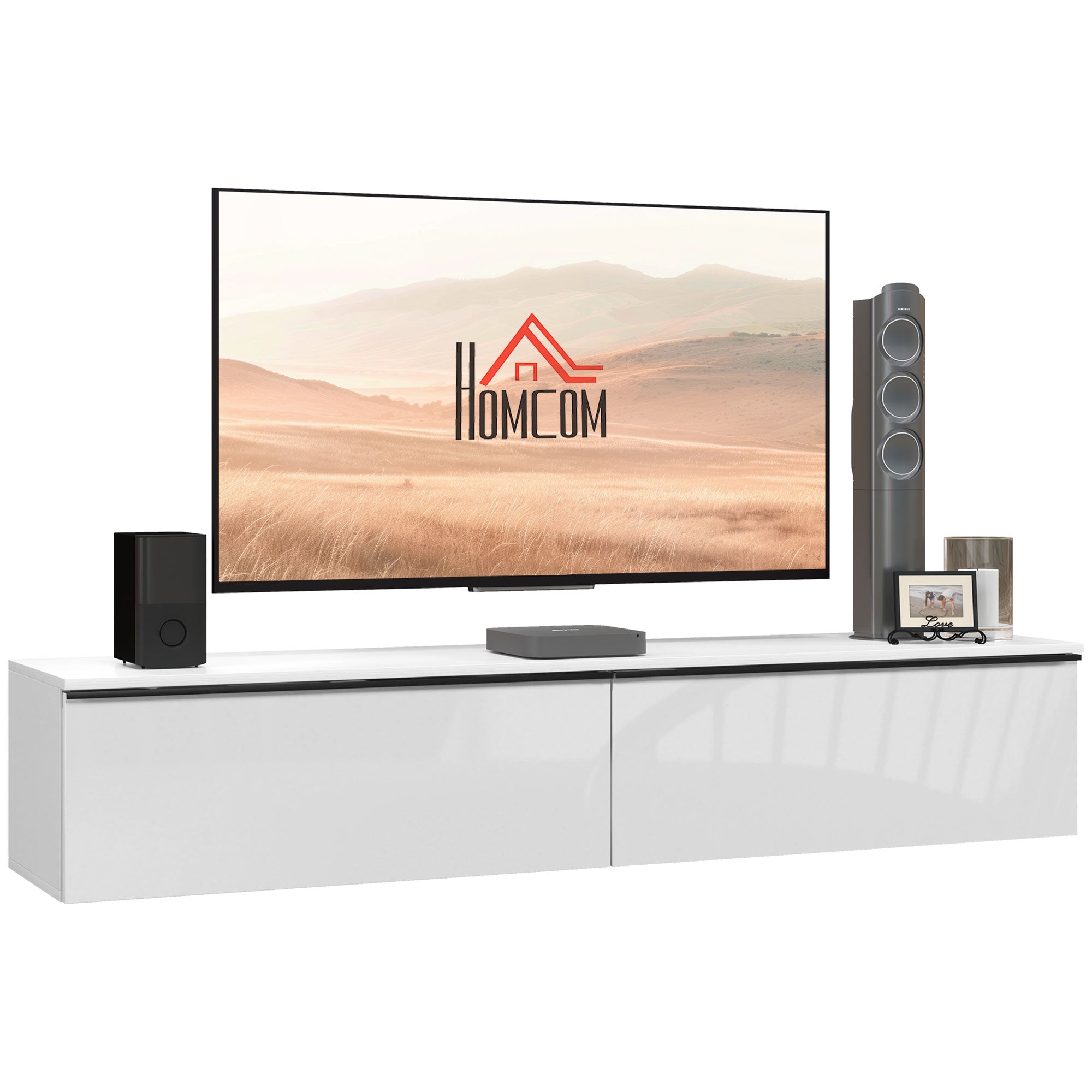 Meuble TV suspendu meuble télé bois banc TV mural pour téléviseurs jusqu'à 70 pouces avec placard à portes effet brillant, pour salon chambre à coucher, 160 x 35 x 30 cm, blanc