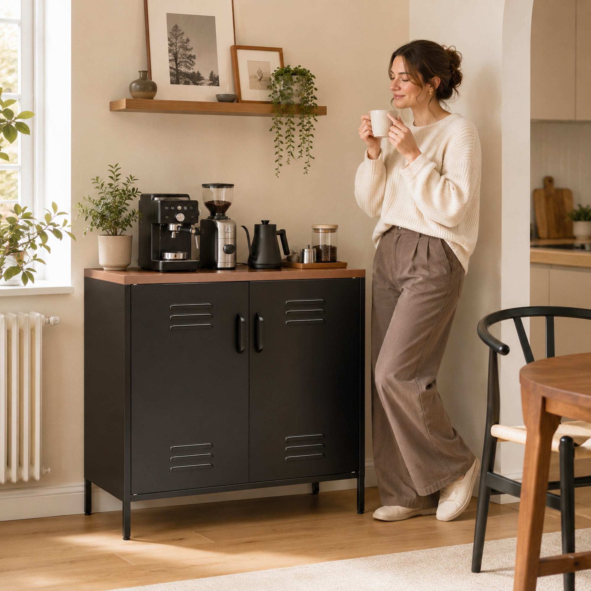 Buffet Salon Métallique, Meuble de Rangement Industriel avec 2 Portes et Étagère Réglable, Pieds en Acier Robuste, pour Cuisine, Chambre et Bureau, 80 x 40 x 80 cm, Noir