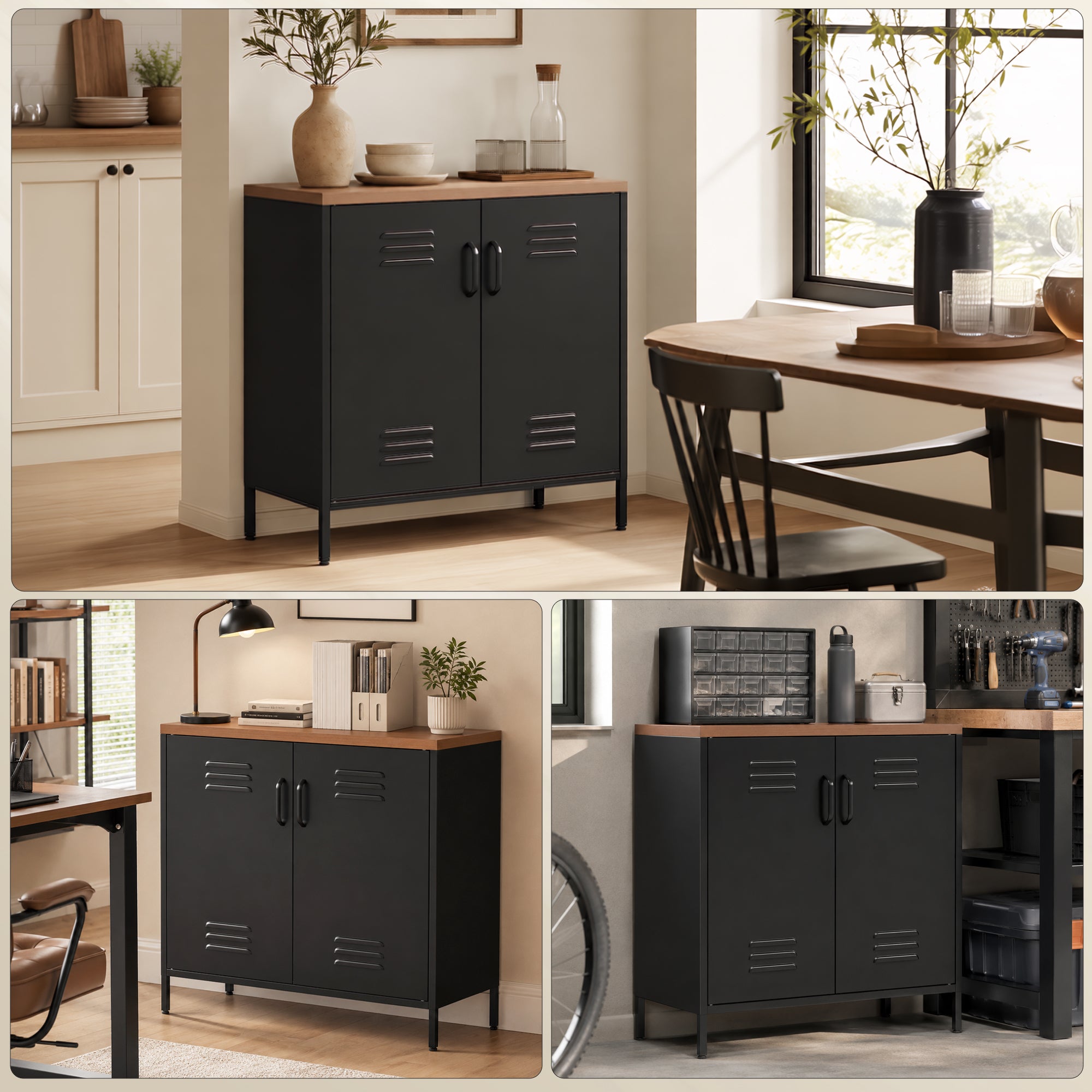 Buffet Salon Métallique, Meuble de Rangement Industriel avec 2 Portes et Étagère Réglable, Pieds en Acier Robuste, pour Cuisine, Chambre et Bureau, 80 x 40 x 80 cm, Noir