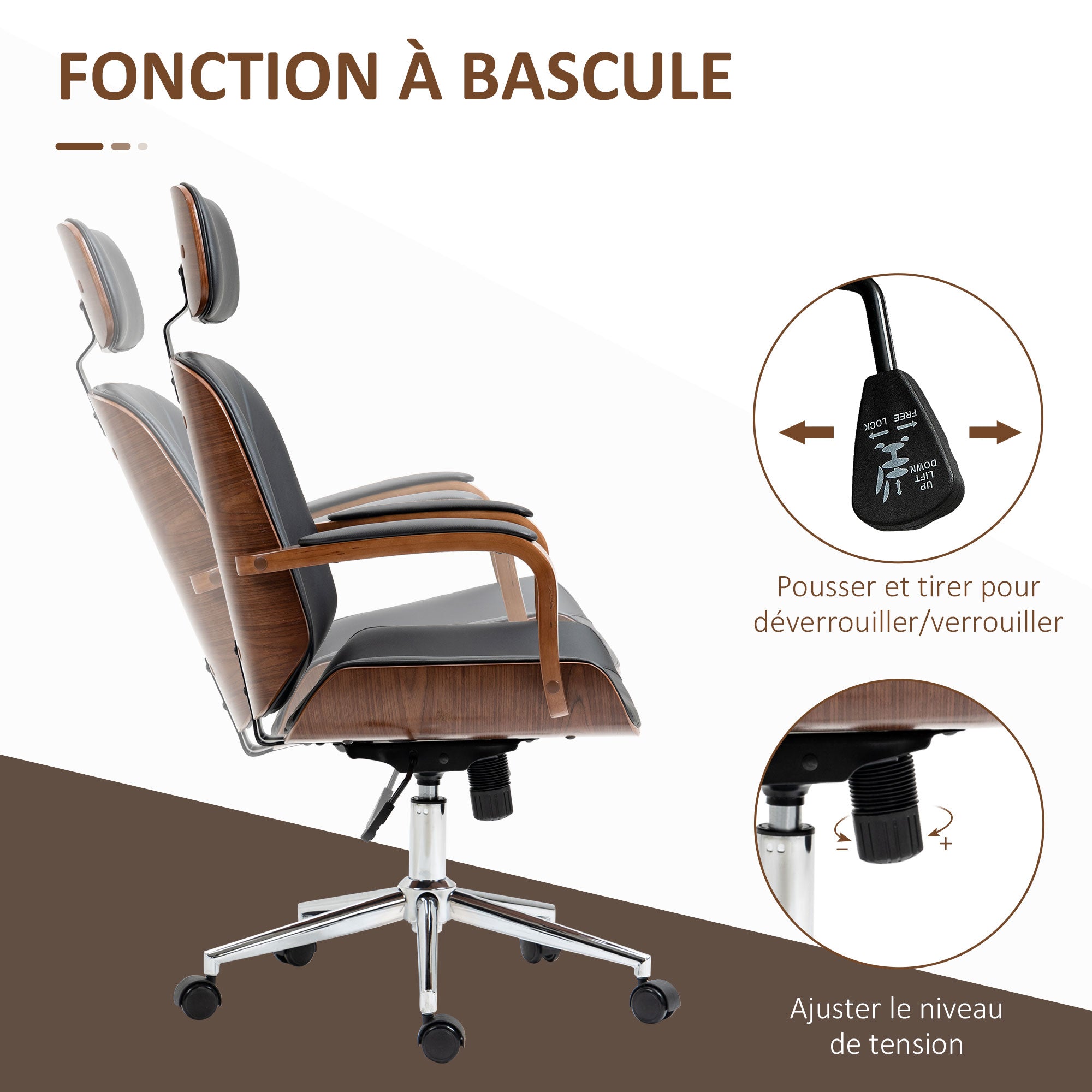 Fauteuil de bureau, chaise de bureau ergonomique avec appui-tête amovible, hauteur réglable et fonction de bascule, pour chambre, télétravail, charge 120 Kg, cuir synthétique, noir et noyer