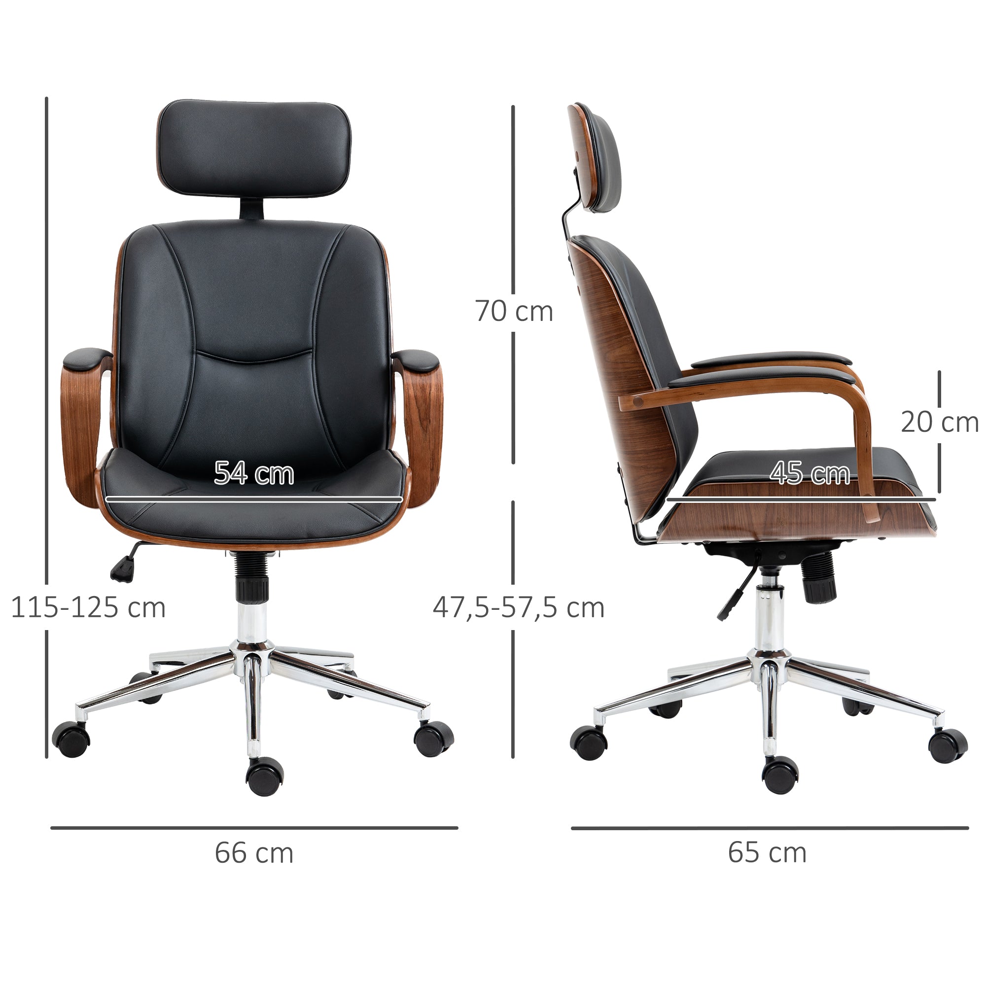 Fauteuil de bureau, chaise de bureau ergonomique avec appui-tête amovible, hauteur réglable et fonction de bascule, pour chambre, télétravail, charge 120 Kg, cuir synthétique, noir et noyer