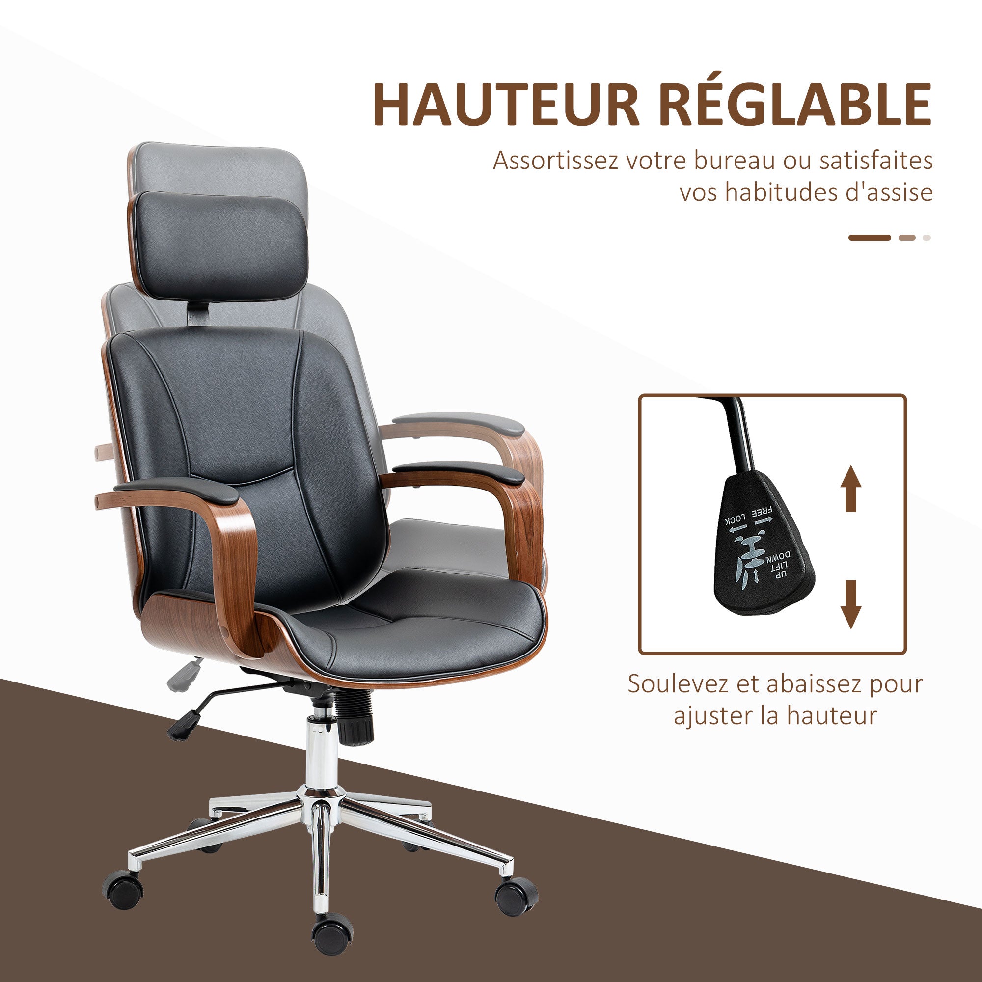 Fauteuil de bureau, chaise de bureau ergonomique avec appui-tête amovible, hauteur réglable et fonction de bascule, pour chambre, télétravail, charge 120 Kg, cuir synthétique, noir et noyer